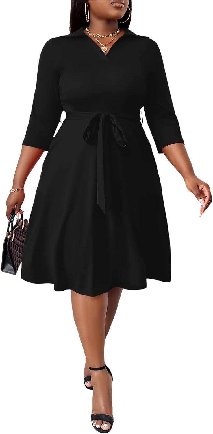 Thumbnail 1 de FANDEE Plus Size Midi Dress with African Print – L-5XL, V-Neck, 3/4 Sleeves, Belt & Pockets