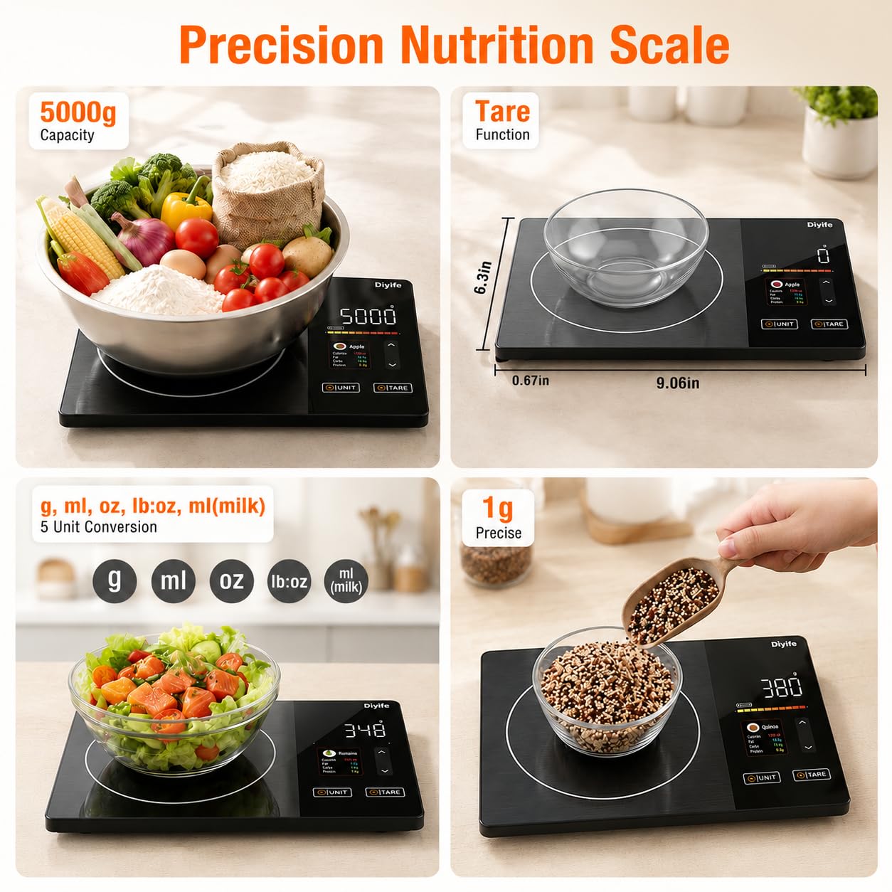 Detalle 1 de Diyife UKHMK27 Smart Food Scale with TFT Display and 25-Nutrient Tracking