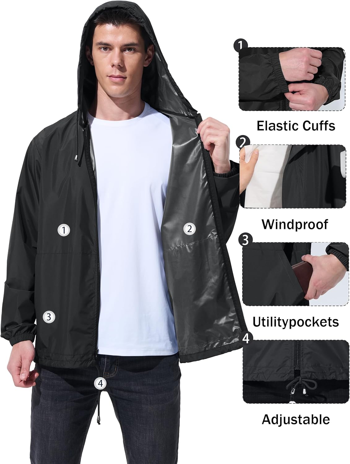 Detalle de UIQUR Men’s Waterproof Rain Jacket & Windbreaker with Adjustable Hood (Packable)