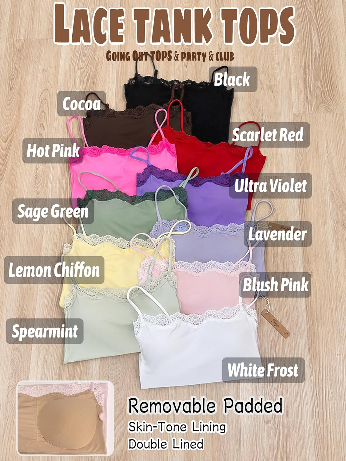 Detalle 1 de Starrylion Padded Lace Crop Tank Top with Removable Pads and Adjustable Straps