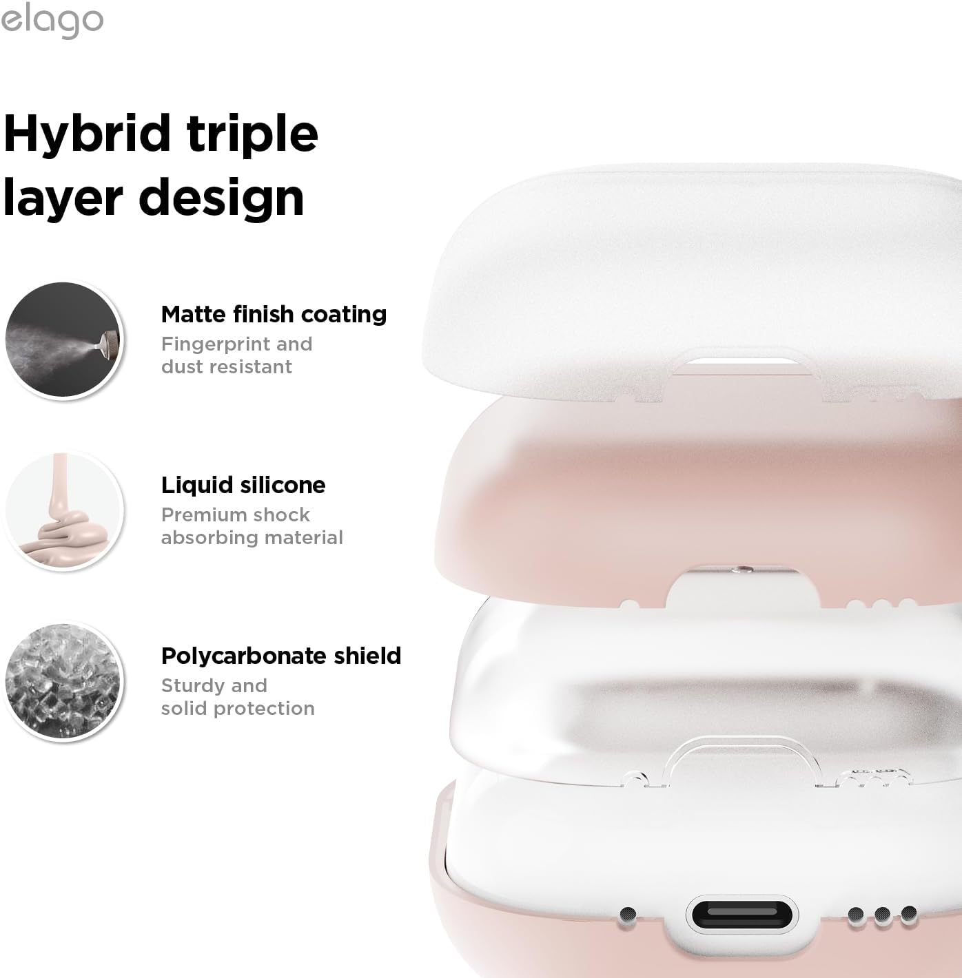 Detalle 2 de elago Coque Liquid Hybrid pour AirPods 4 – protection double matériau et recharge sans fil (rose)