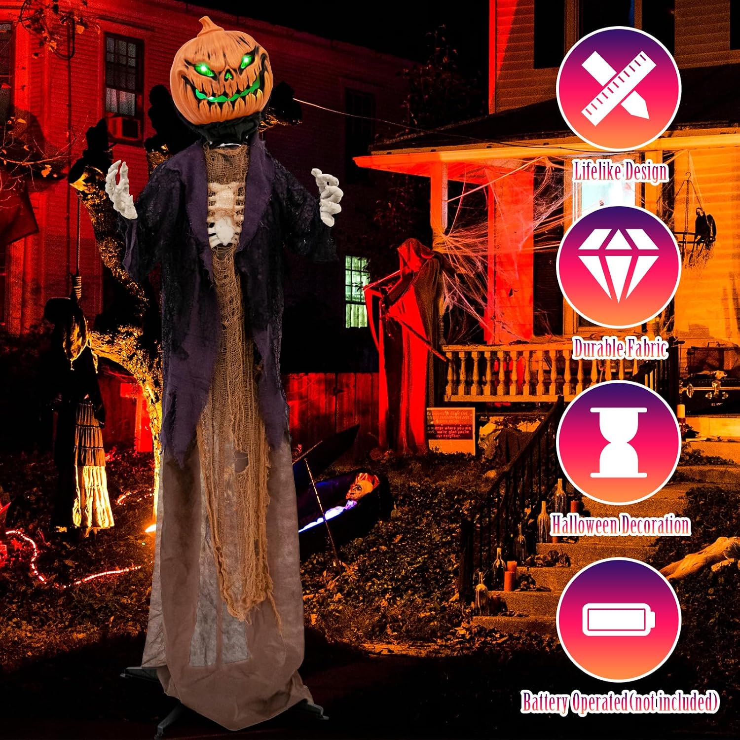 Thumbnail 6 de Tangkula AM7608HM 5.6-Ft Animated Pumpkin Scarecrow with Green Eyes