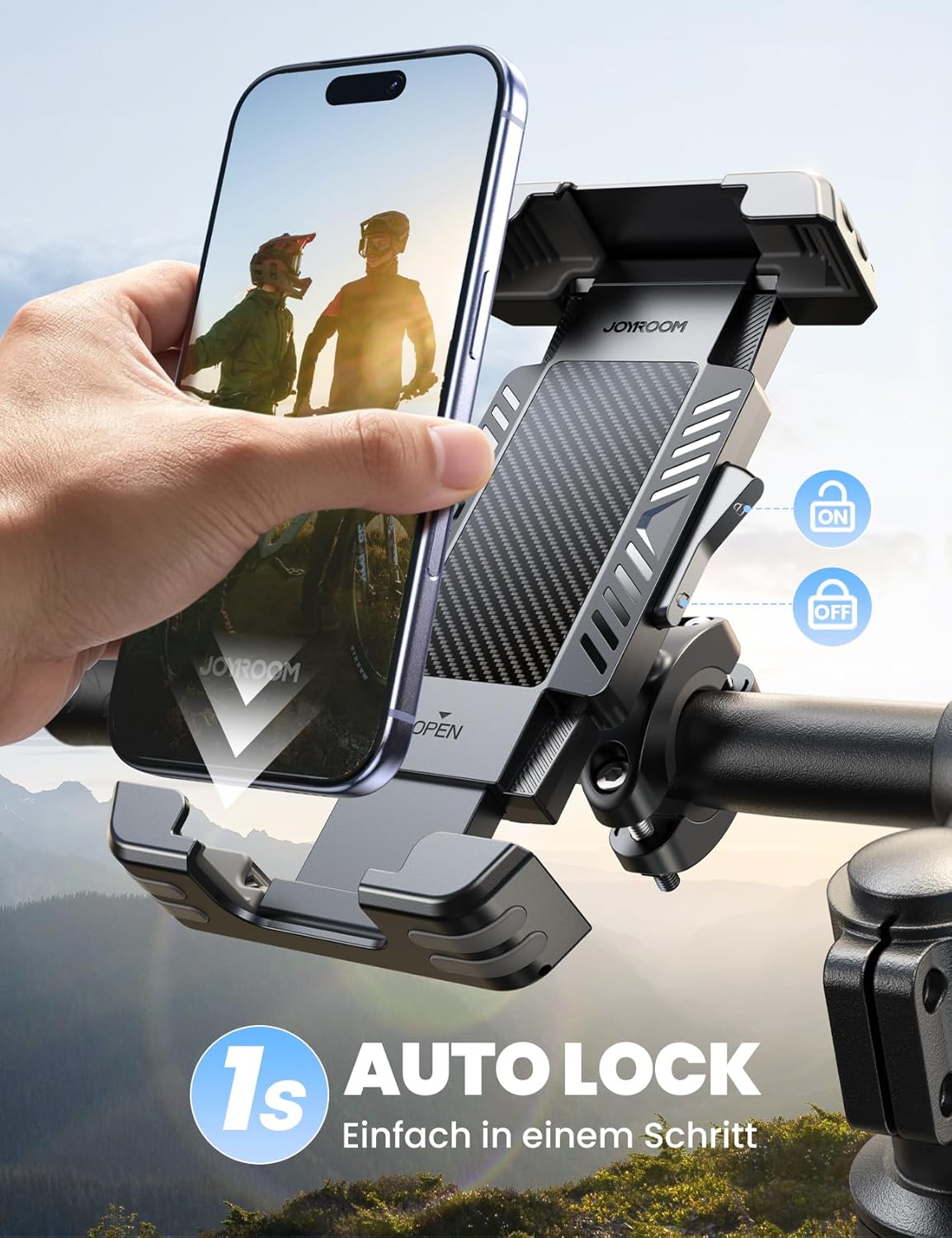 Detalle 2 de JOYROOM 2026 Handyhalterung Fahrrad mit versteckter Tracker-Aufbewahrung – universal für 5,8–7 Zoll Smartphones