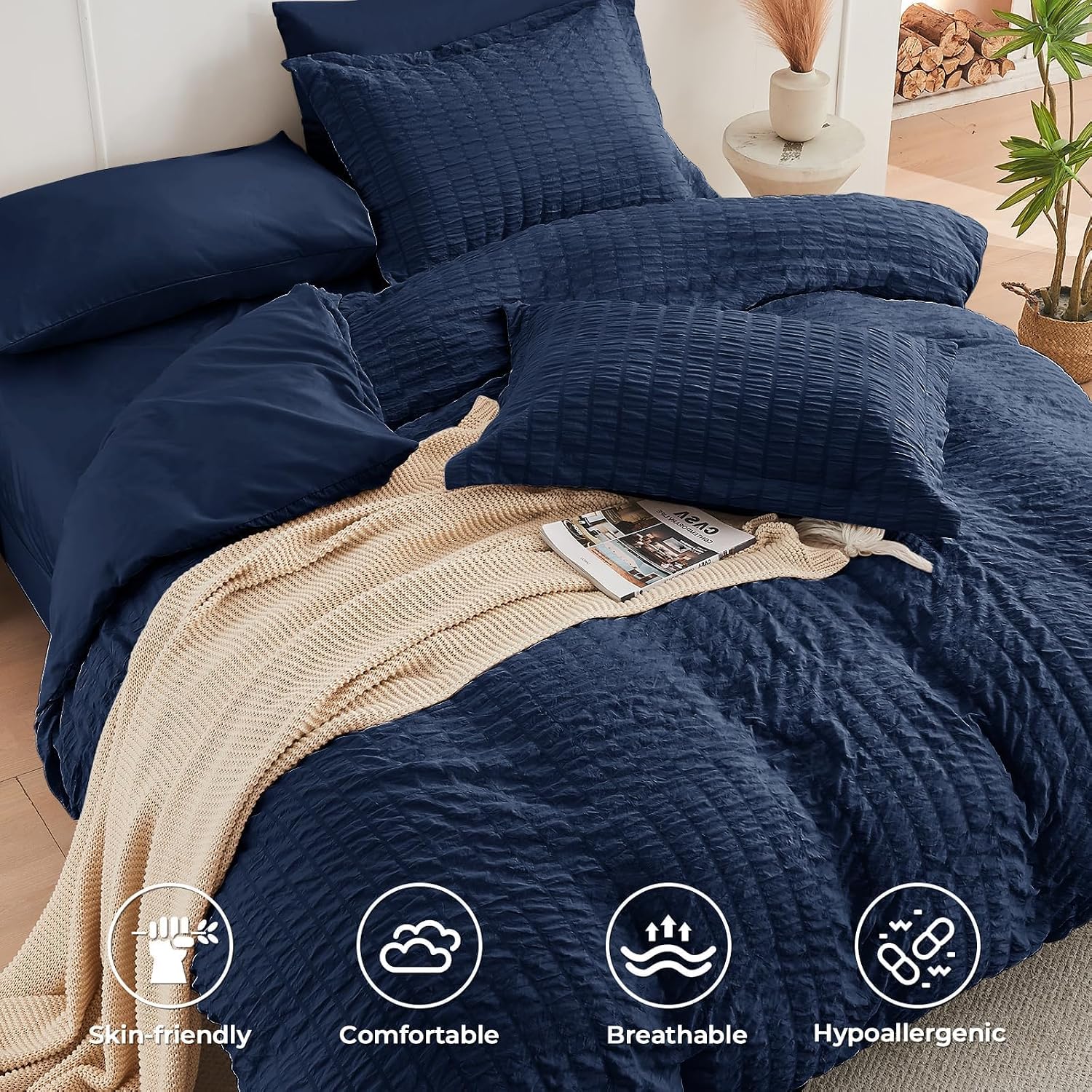 Detalle 2 de HYMOKEGE Navy Blue Twin Seersucker Duvet Cover Set (2-Piece) with Zipper Closure and 8 Corner Ties