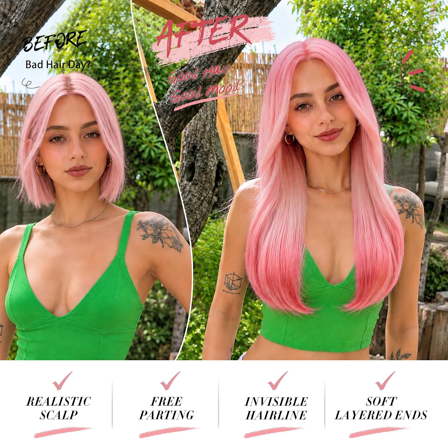 Detalle 2 de WECAN 24-Inch Pink Ombre Layered Wig with 4x4 Free-Part Lace