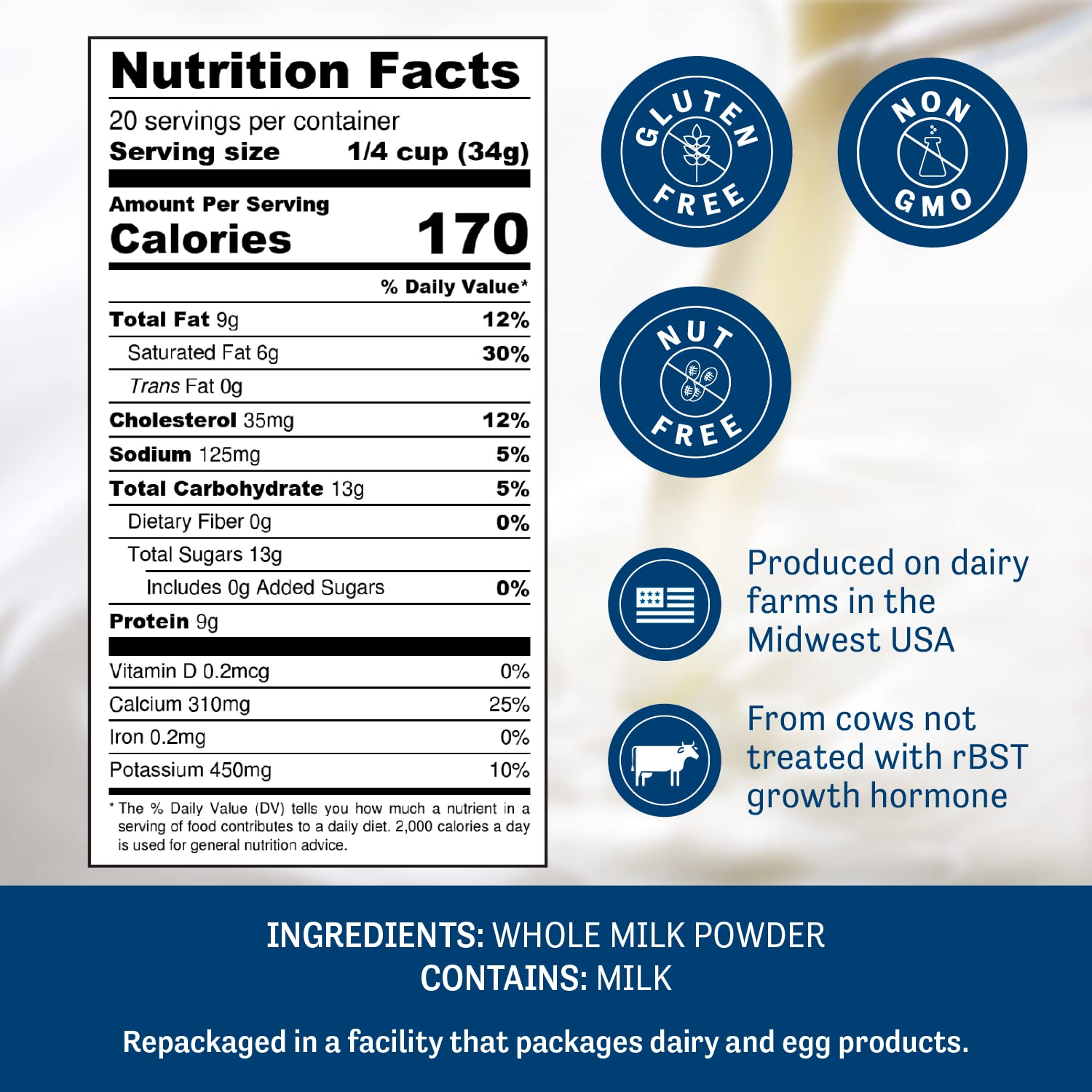 Detalle 2 de Judee’s Whole Milk Powder, 24 oz, Gluten-Free, Nut-Free and Shelf-Stable