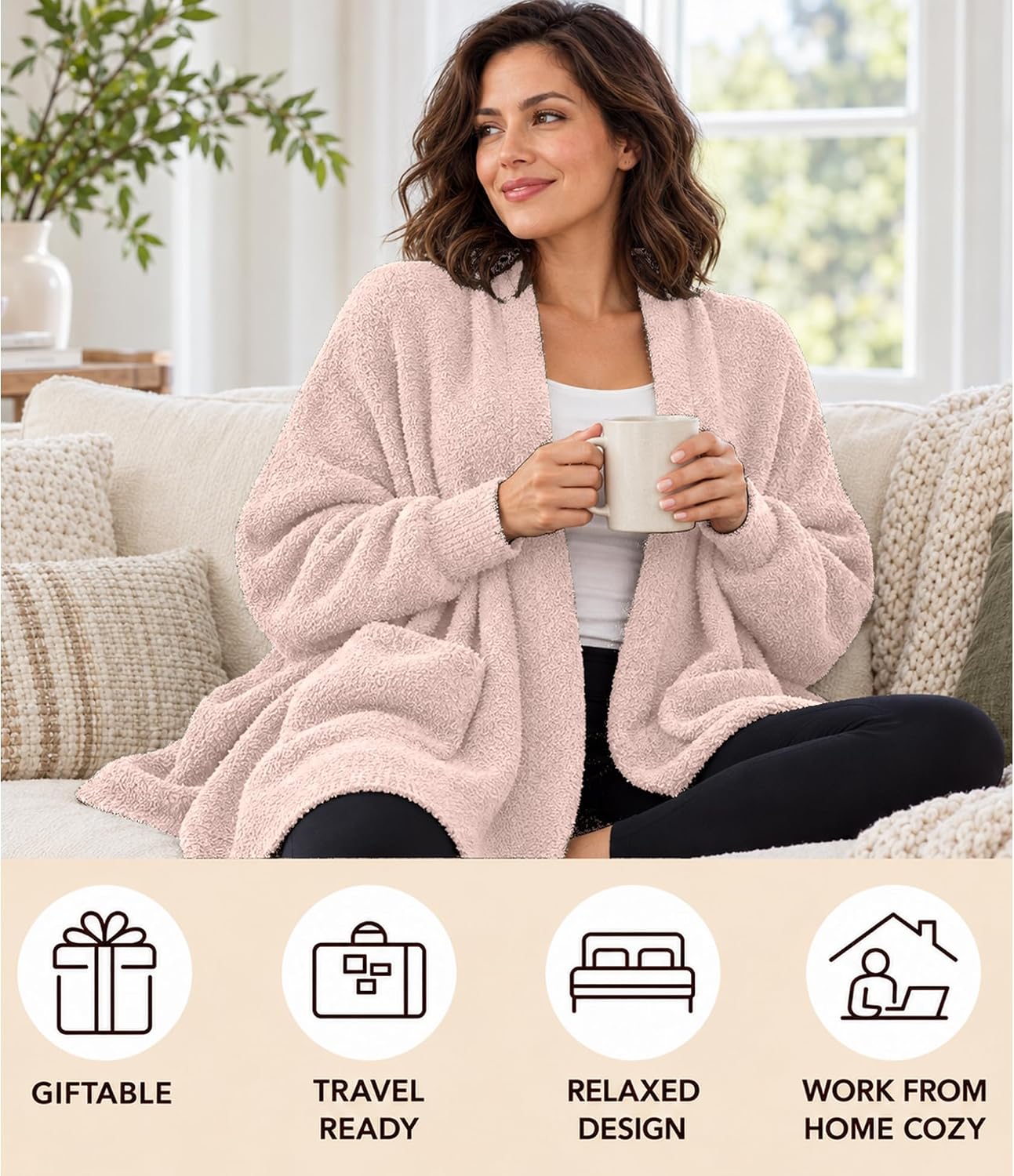 Detalle de CUBRIDGE Sherpa Wearable Blanket Poncho with Pockets and Ribbed Cuffs