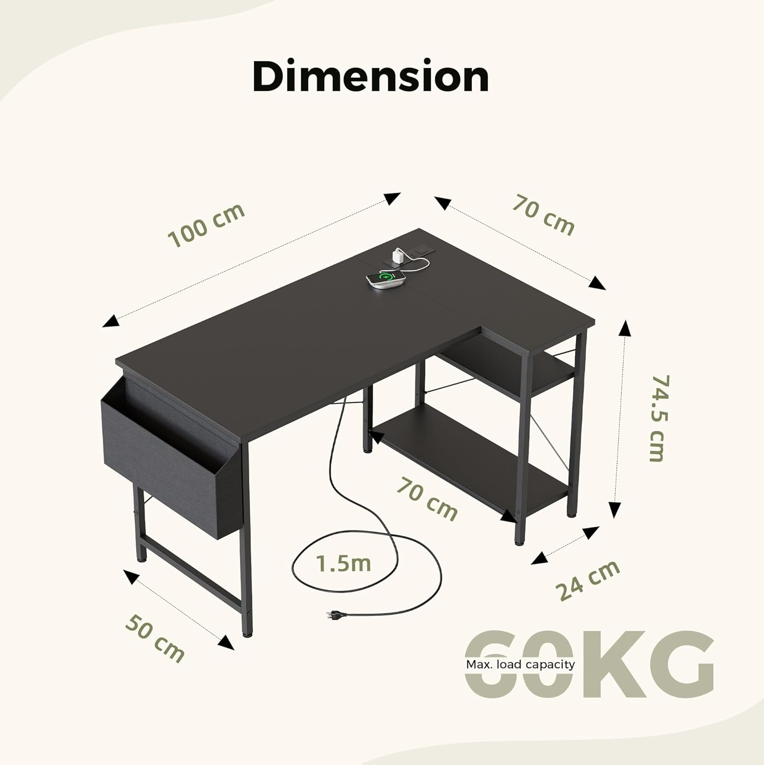 Thumbnail 1 de Mericonia Small L Shaped Desk with Power Outlets (100 cm) — Compact Corner Unit for Home Office