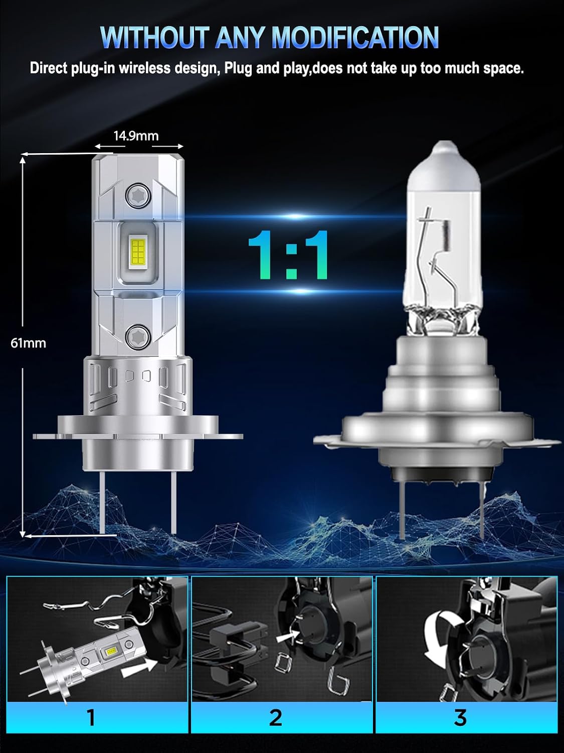 Detalle de XELORD LED H7 Plug-n-Play 6500K, luce bianca 55W (pack da 2) per anabbaglianti/abbaglianti
