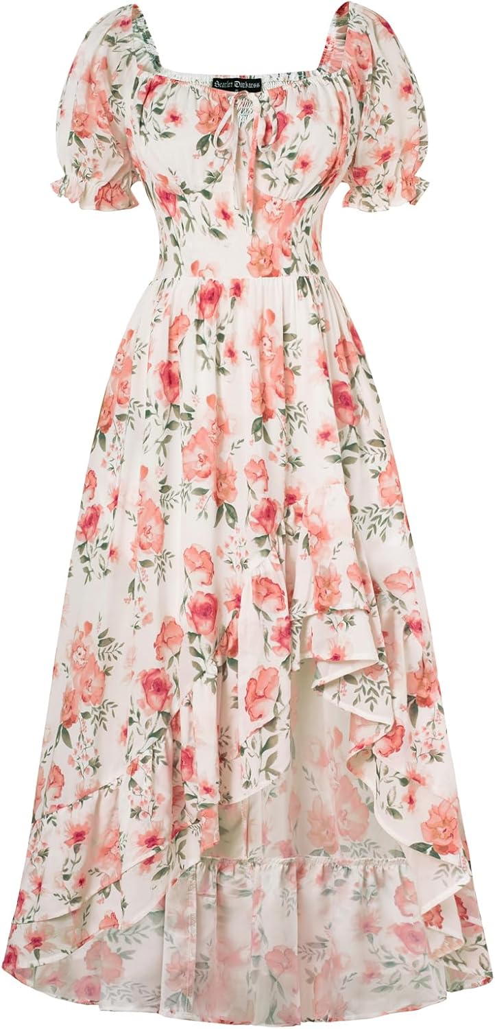 Detalle de SCARLET DARKNESS Damen Viktorianisches Blumenkleid mit Puffärmel – A-Linie, Lace-up, sommerliches Korsagenkleid