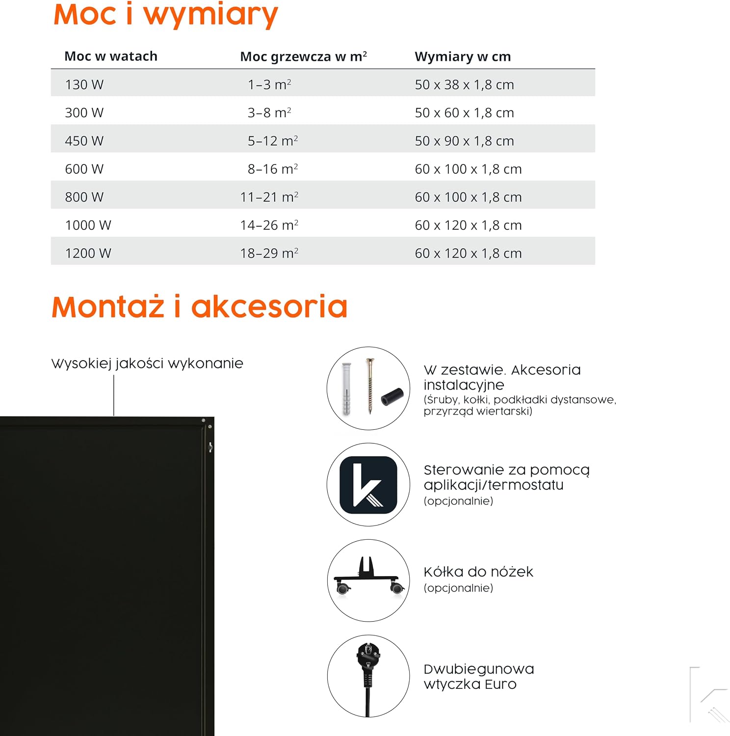 Detalle de Könighaus P-Serie Black Edition – grzejnik na podczerwień 300 W, czarny
