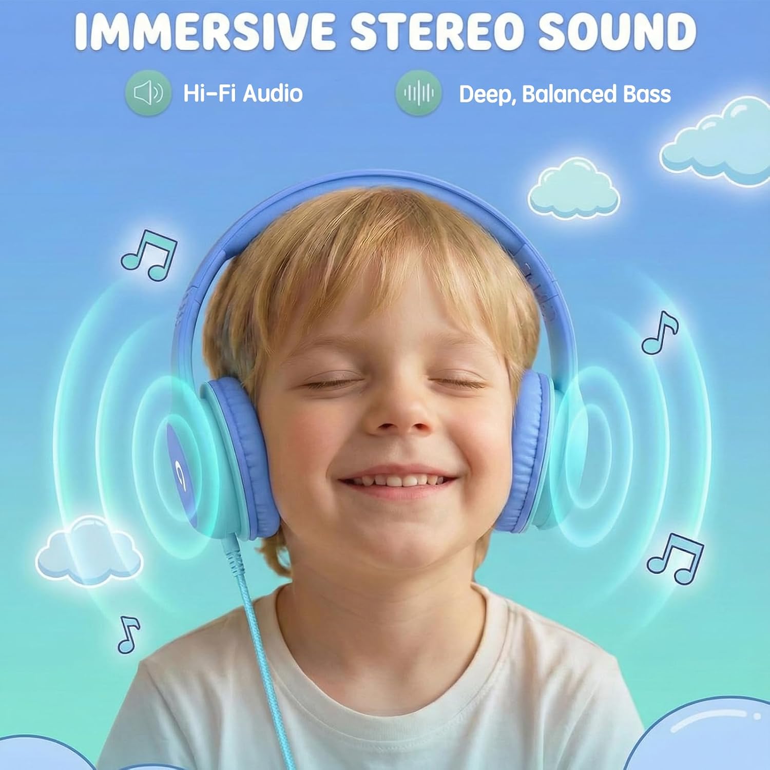 Detalle de ADOOPE Wired Kids Headphones (USB-C Plug) with 85dB Safe Volume Limit — Sky Blue & Mint Green (No Microphone)