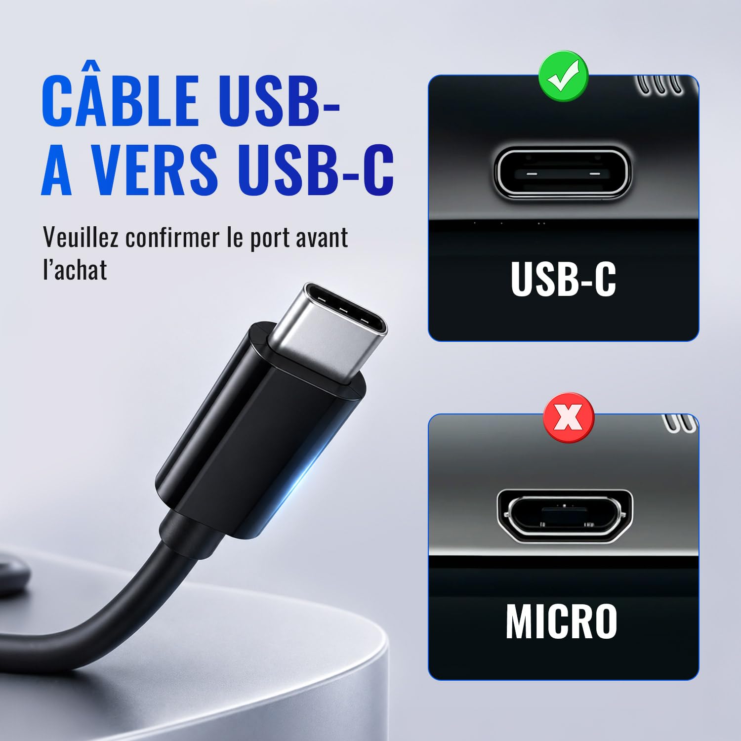 Detalle 2 de Tolesum Câble USB-C 3m (USB-A vers USB-C) pour manettes PS5, Xbox Series X/S et Switch Pro