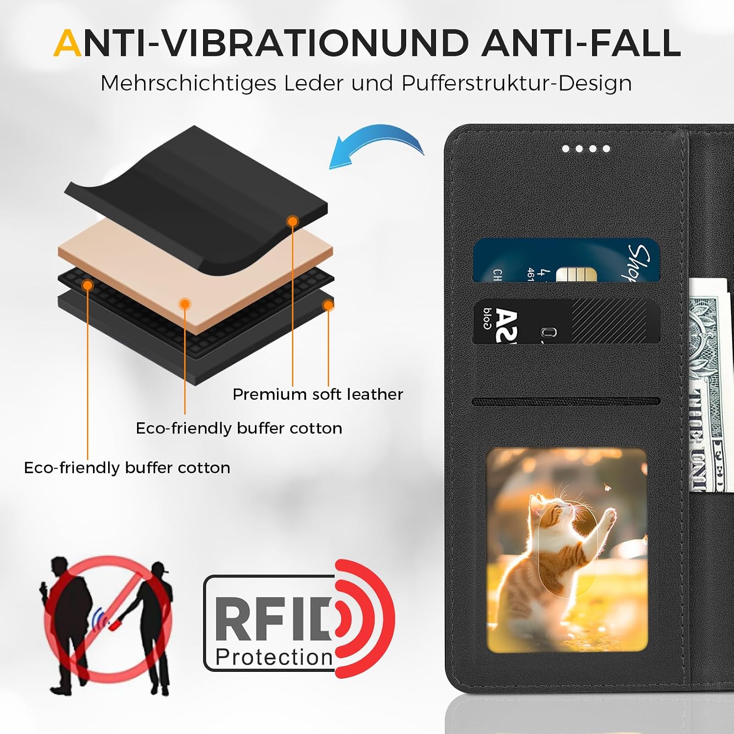 Detalle de Kirnntca Handyhülle für iPhone 13 Pro Max – Flip Case mit Kartenfach, Standfunktion und Magnetverschluß