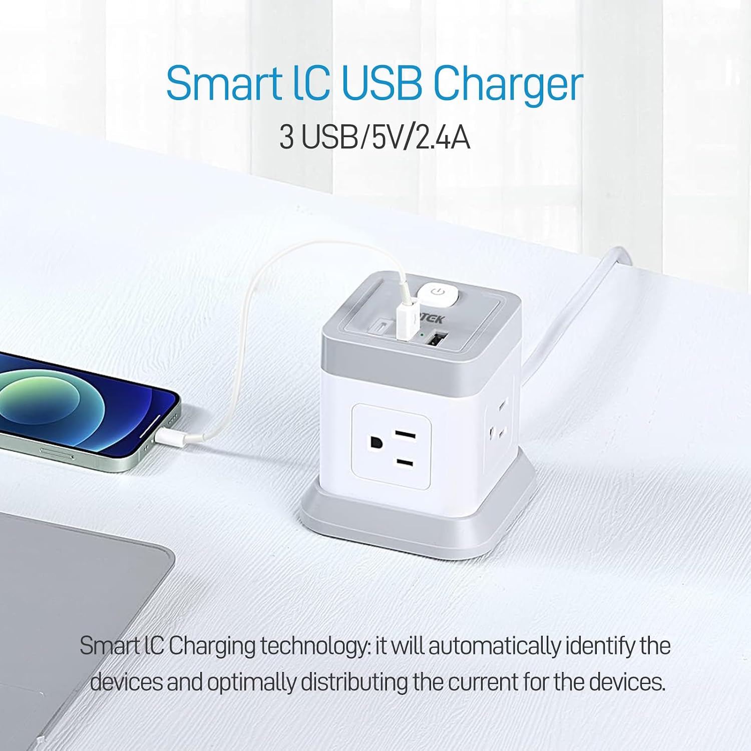 Detalle de FDTEK Flat Plug Power Strip with USB (4 AC Outlets, 3 USB including USB-C) and Overload Protection, 5 ft