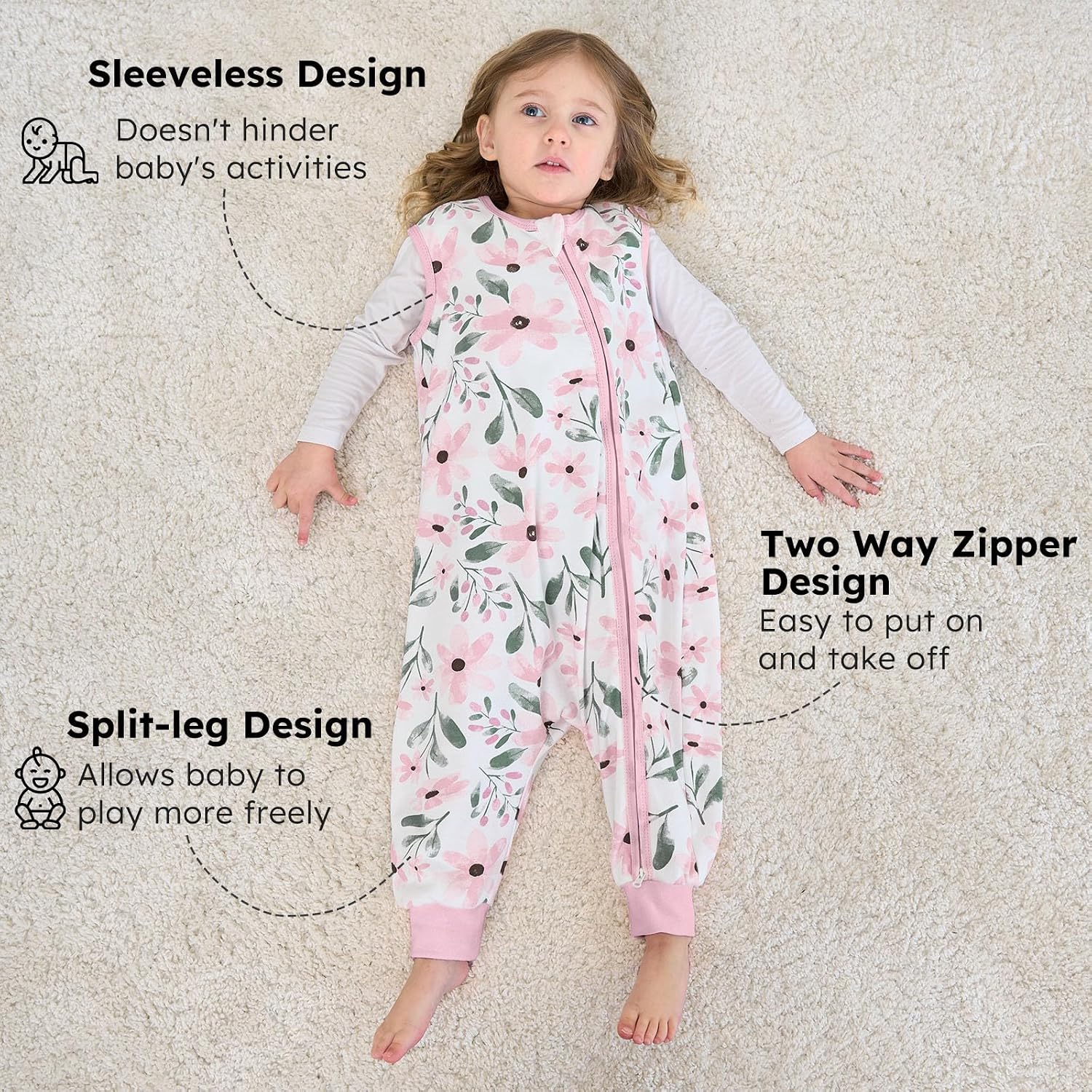 Detalle 2 de Yoofoss 2er Pack Baby Schlafsack mit Füßen 0.5 Tog – 100% Baumwolle, Größe 70 cm, rosa Blume