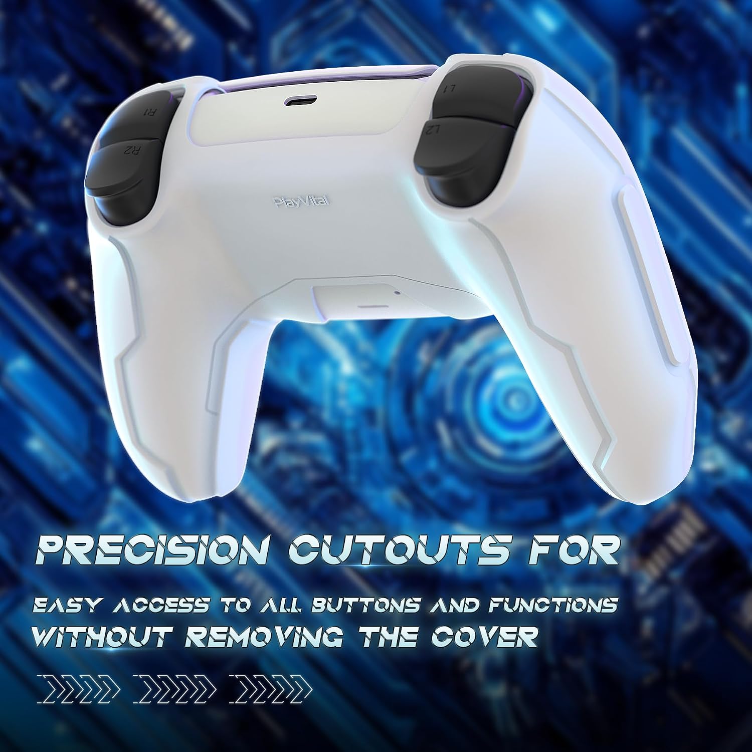 Detalle 2 de playvital Mecha Edition Silicone Cover for PS5 Controller (White) with Joystick Caps & Stickers