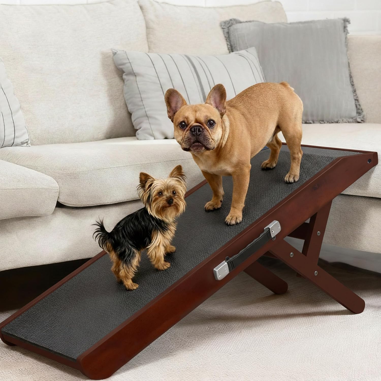 Detalle de PRIORPET Birchwood Foldable Dog Ramp for Couch (Walnut) – Adjustable 7"–20", Anti-Slip Landing Deck