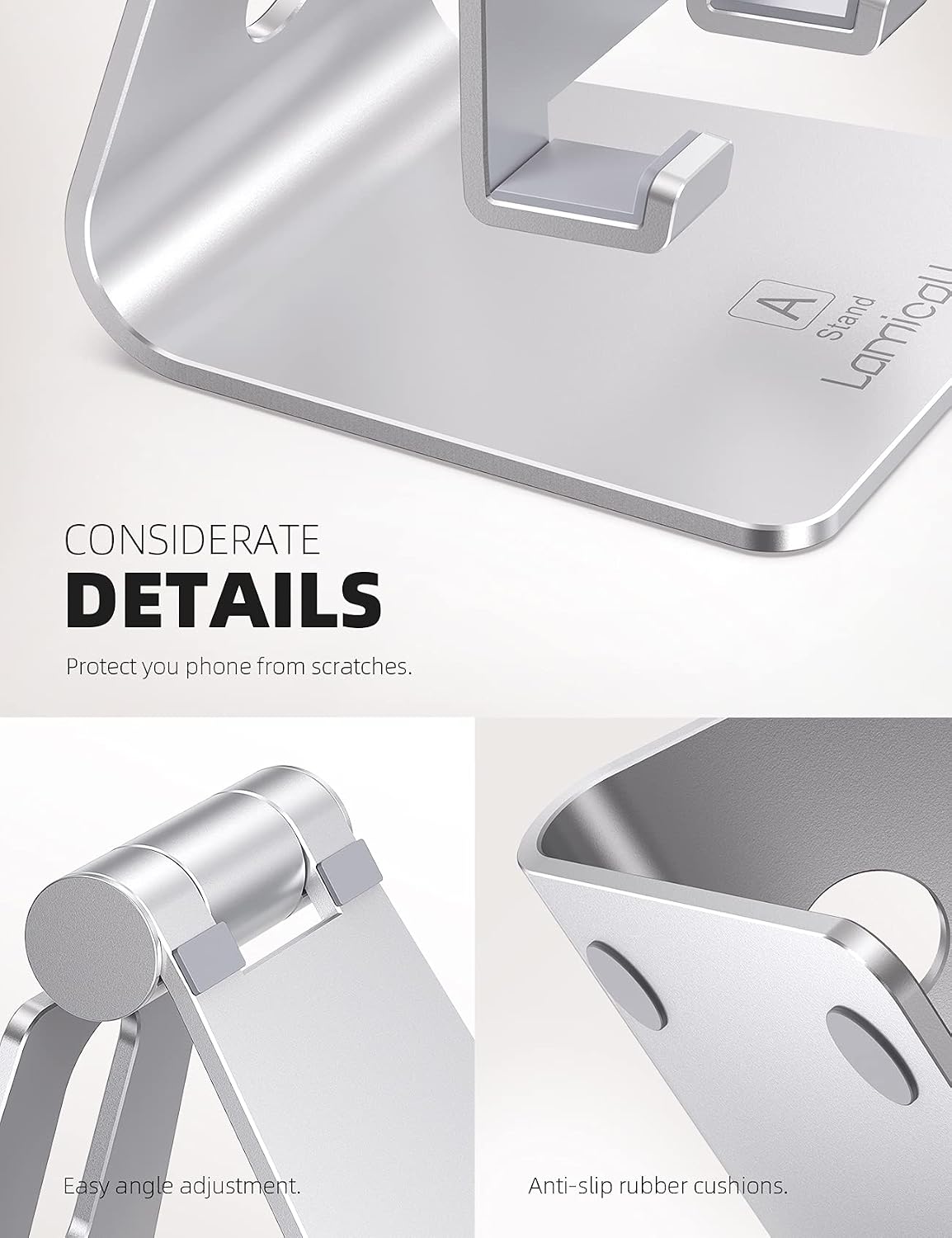 Detalle 2 de Lamicall A-Stand 02 Aluminum Cell Phone Stand, Adjustable Viewing Angle, Silver