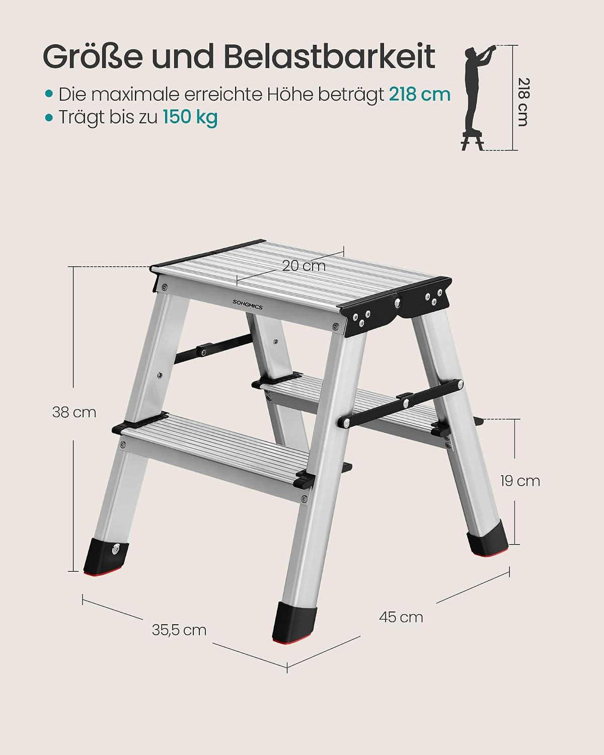 Detalle de SONGMICS GLT012E01 Alu-Trittleiter klappbar mit 2 rutschfesten Stufen, bis 150 kg, Stehleiter für Haushalt & Garten
