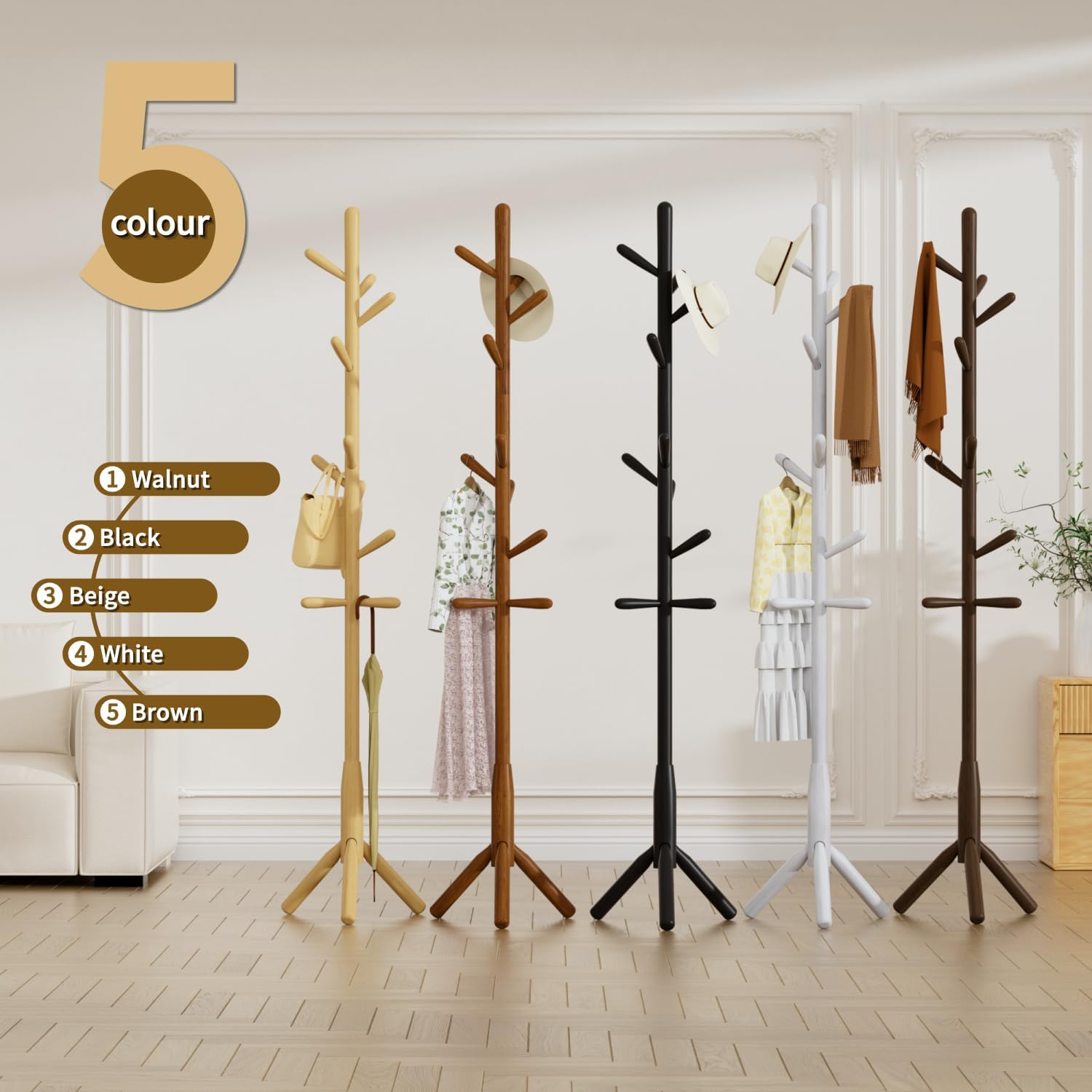 Thumbnail 6 de Awatiwa freistehende Baumgarderobe aus Massivholz mit 11 Haken (3 Höhen, Hutständer)