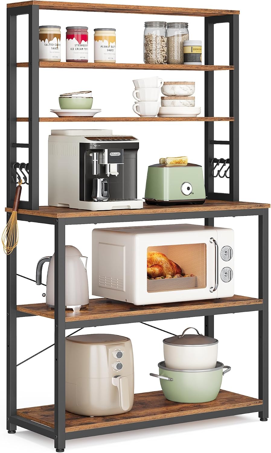 Detalle de VASAGLE UKKS019B01 Baker’s Rack, 6 Shelves and 6 Hooks, Rustic Brown
