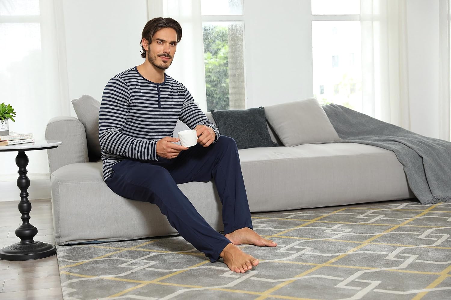 Detalle de Ensemble pyjama homme Marvmys en coton à manches longues rayé, boutonné (2 pièces)