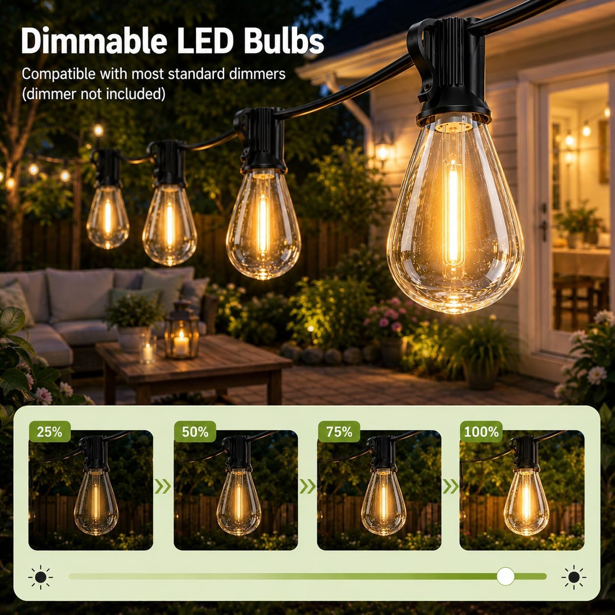 Detalle 2 de SUXWIC S11 120 ft Outdoor String Lights, 2700K Warm White LED Edison Bulbs