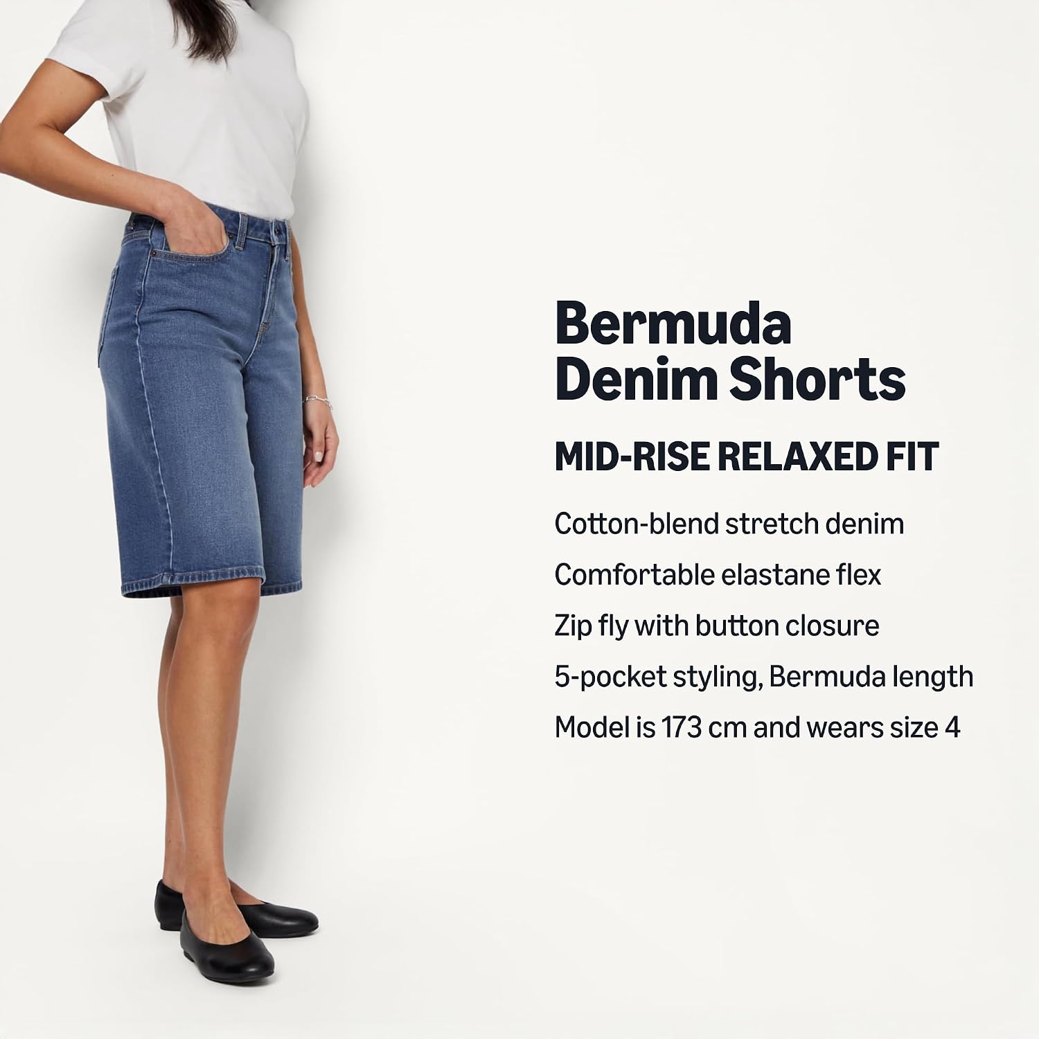 Detalle de Amazon Essentials Women's Relaxed-Fit Mid-Rise Denim Bermuda Shorts