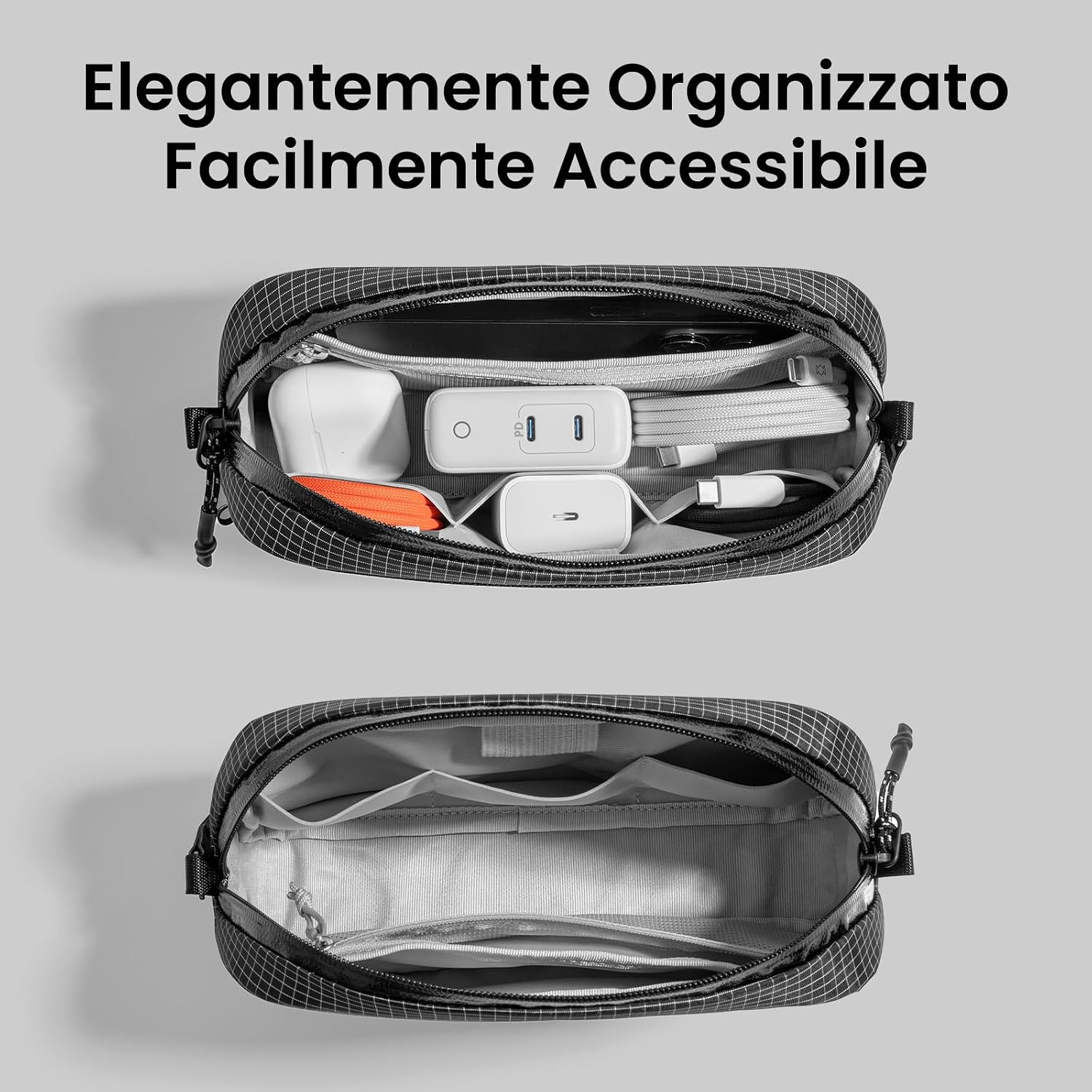 Detalle de tomtoc T12 New Techpouch UK Plaid nero (S) – organizer snello per accessori e dispositivi