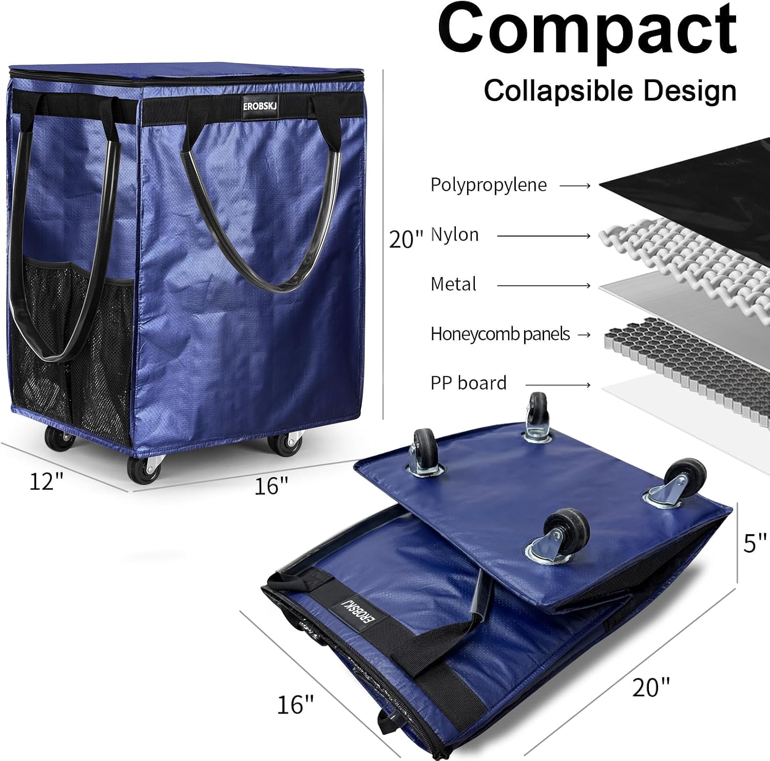 Thumbnail 5 de Medium Navy Reusable Grocery Bag on Wheels, 70L Foldable Rolling Tote with 4 Heavy-Duty Wheels