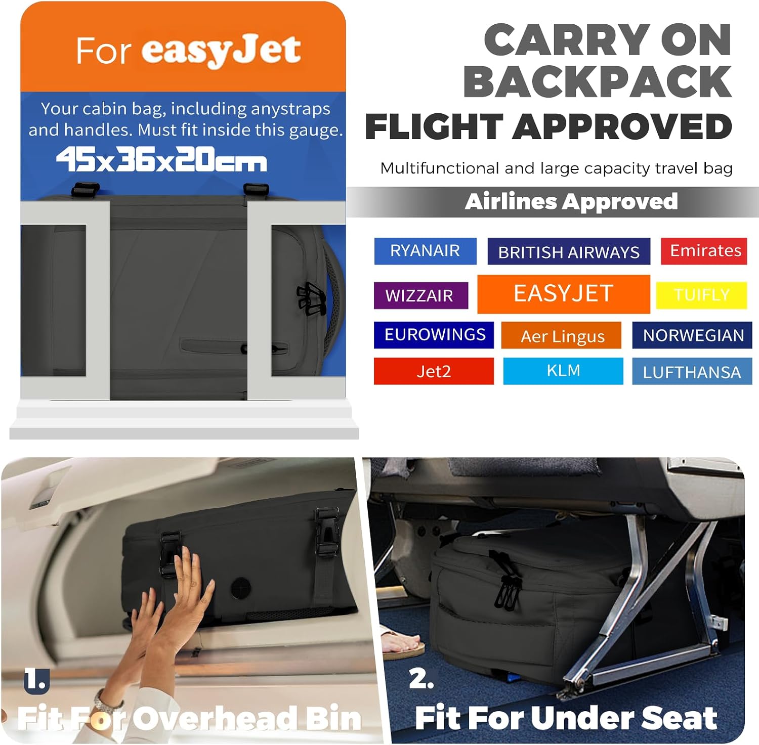 Detalle de Zaino da viaggio Ryanair – zaino bagaglio a mano 40 × 20 × 25 cm, pratico e compatibile con EasyJet e altre compagnie