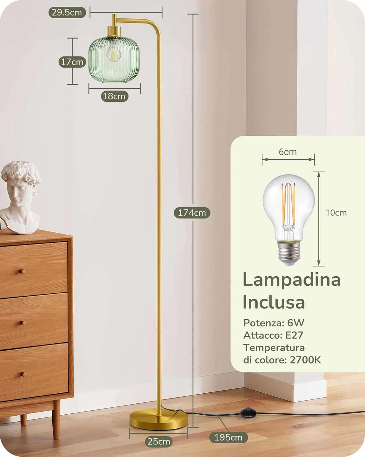 Thumbnail 4 de EDISHINE Lampada da Terra ad Arco con Paralume in Vetro Bonbon Verde Menta – illuminazione elegante per soggiorno e ufficio