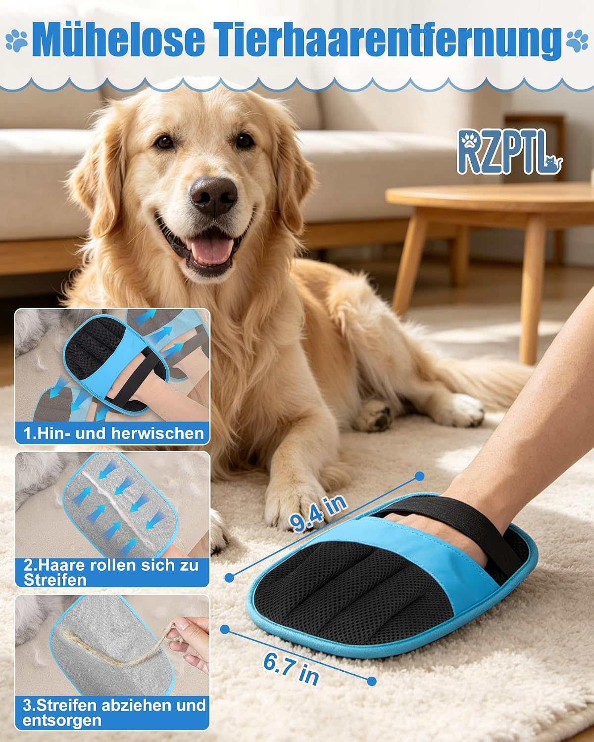 Detalle de 2er Pack Tierhaarentferner Handschuh – Fell Magnet für Hunde & Katzen (Blau)