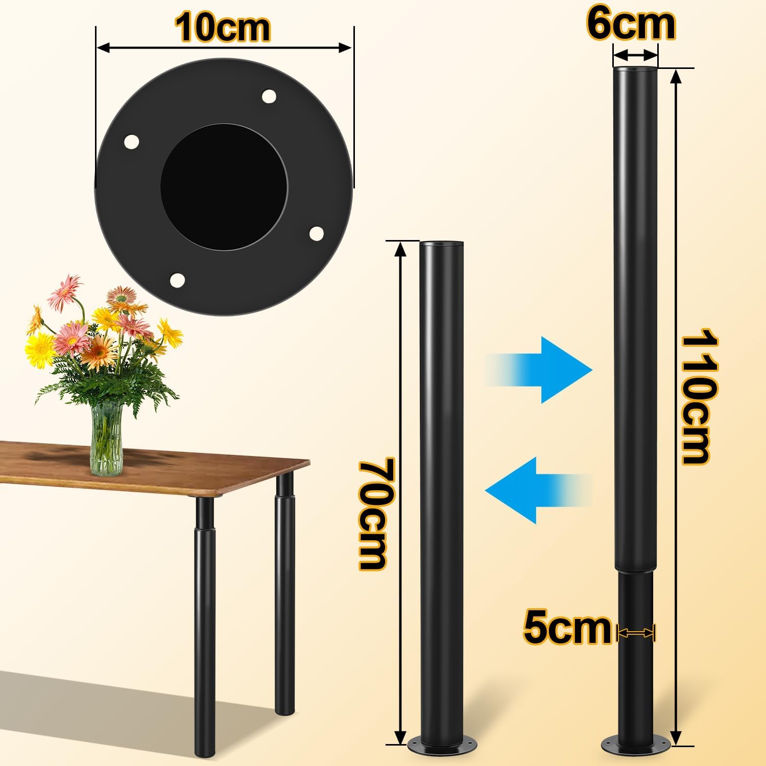 Thumbnail 1 de Pieds de table réglables en hauteur en métal noir – Lot de 4, 70 à 110 cm
