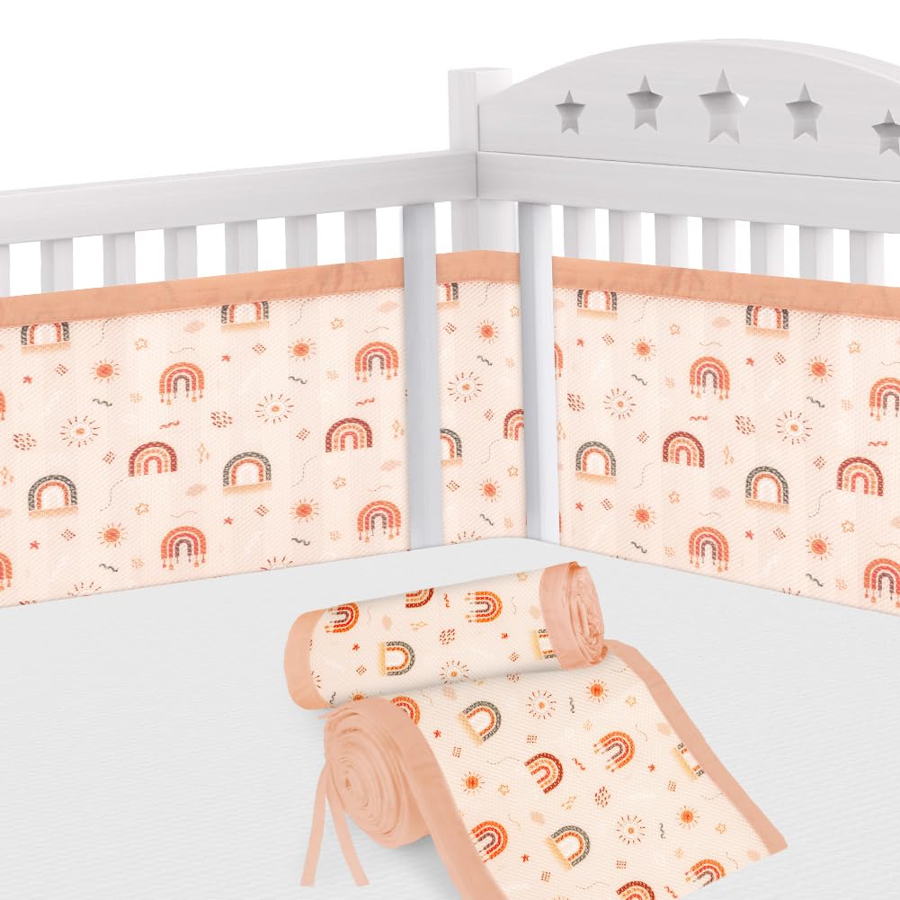 Aolso Bettumrandung für Babybett mit 2 Nestchen (Kantenschutz), abnehmbar und atmungsaktiv – Regenbogen
