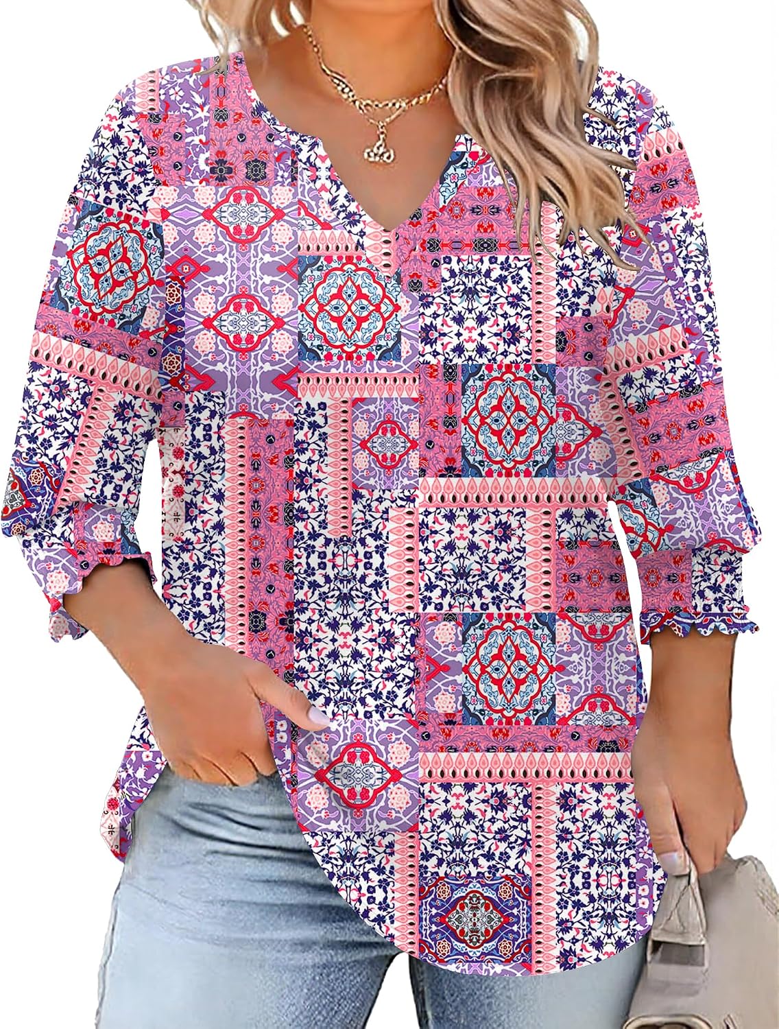 Thumbnail 5 de Rapbin Plus Size 3/4 Sleeve V-Neck Tunic Tops (1X–5X) with Smocked Sleeves