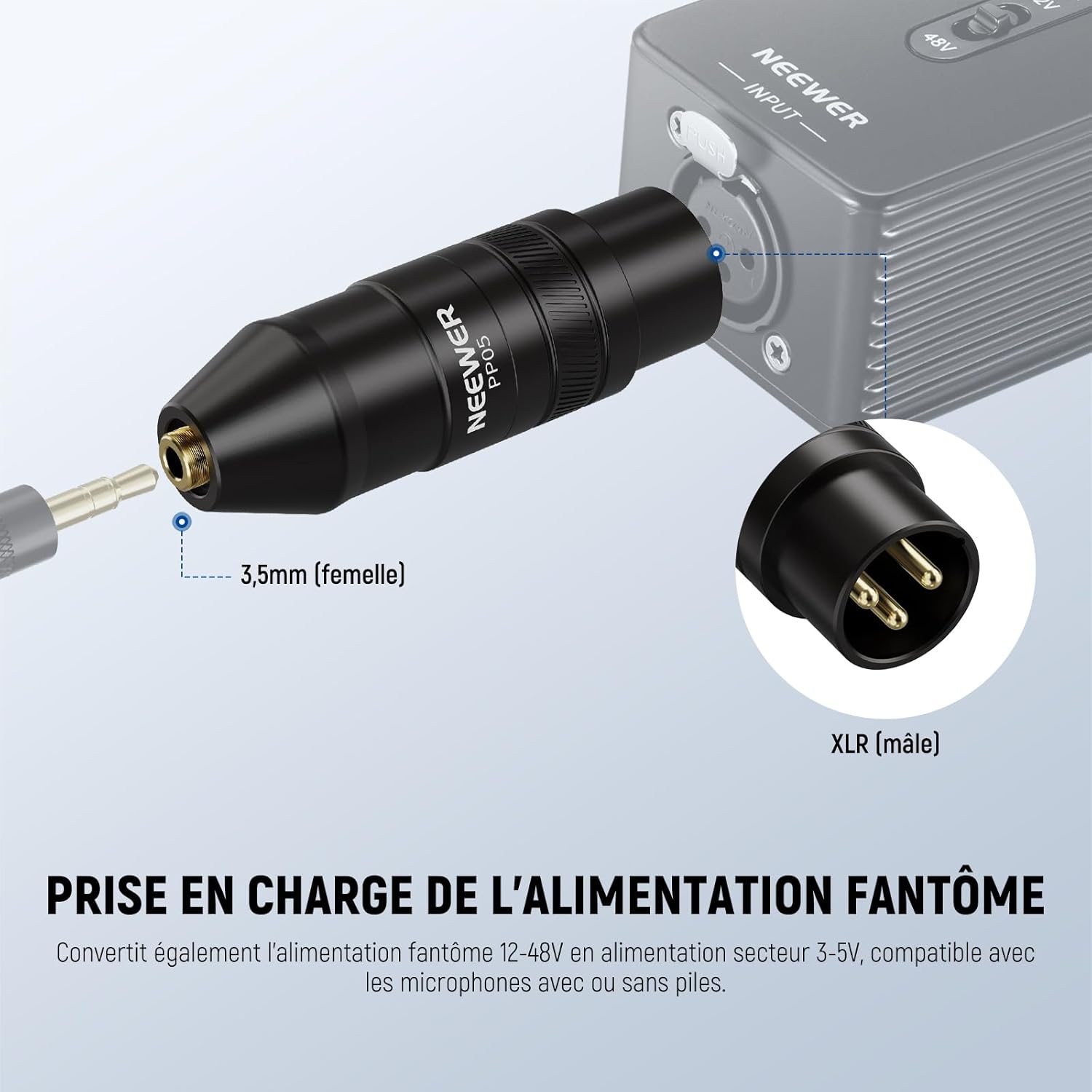 Detalle de NEEWER PP05 : adaptateur audio TRS 3,5 mm vers XLR 3 broches avec conversion d’alimentation