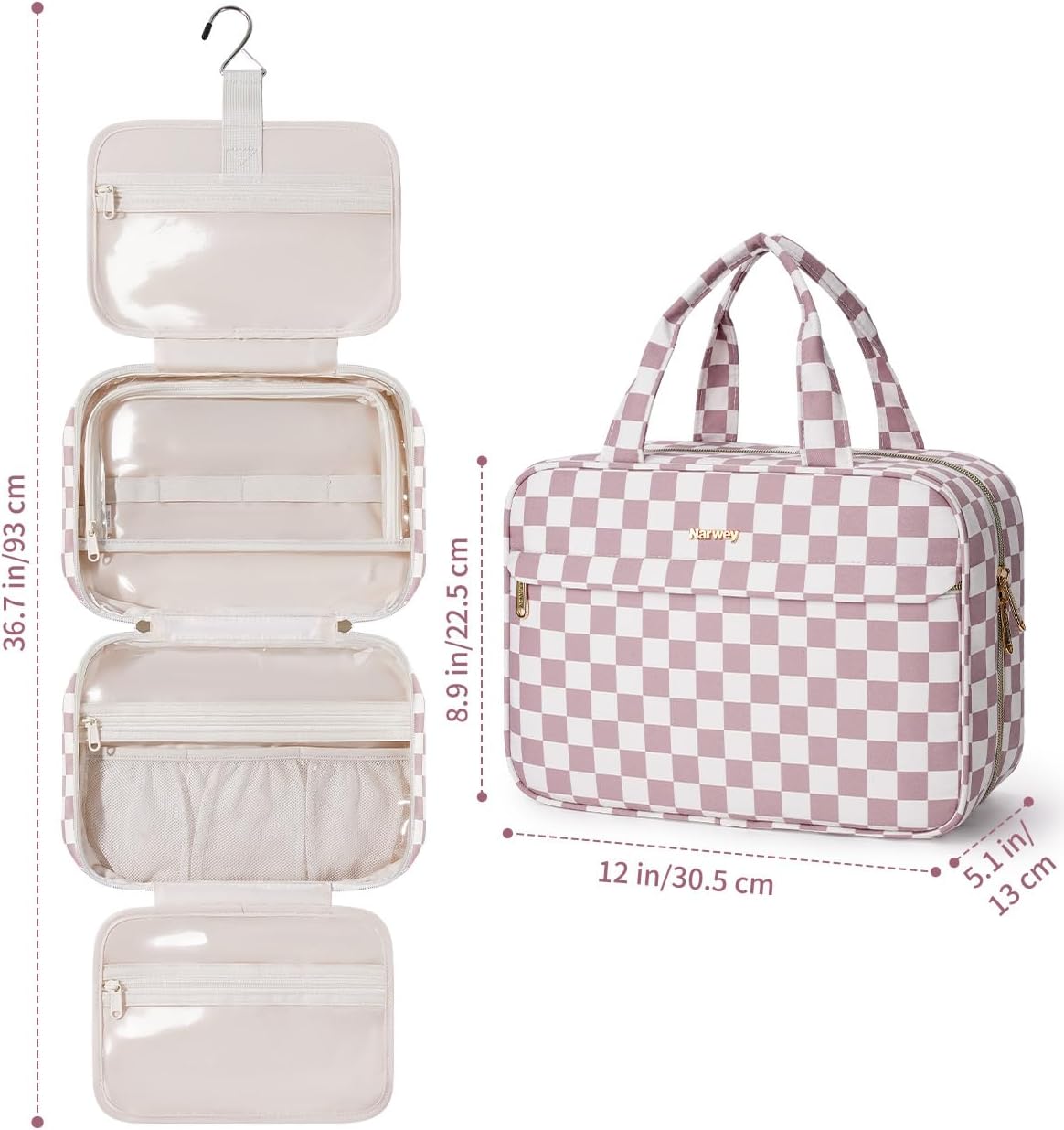 Detalle 2 de Narwey Large Hanging Toiletry Bag (Dusty Pink Checkerboard) – organised travel wash bag with hook and compartments