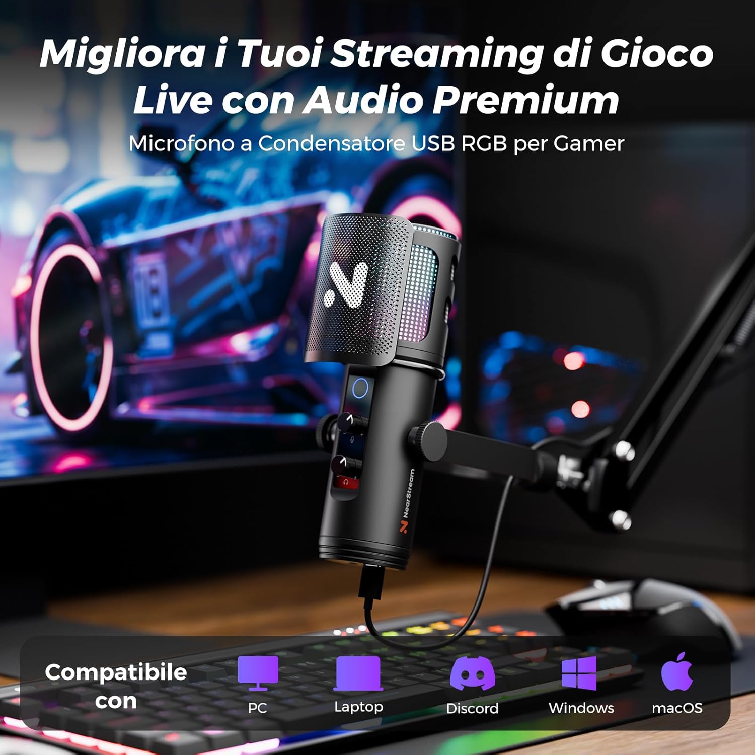 Detalle de NearStream Microfono da gioco per PC: USB con cancellazione del rumore, RGB e braccio a ghigliottina