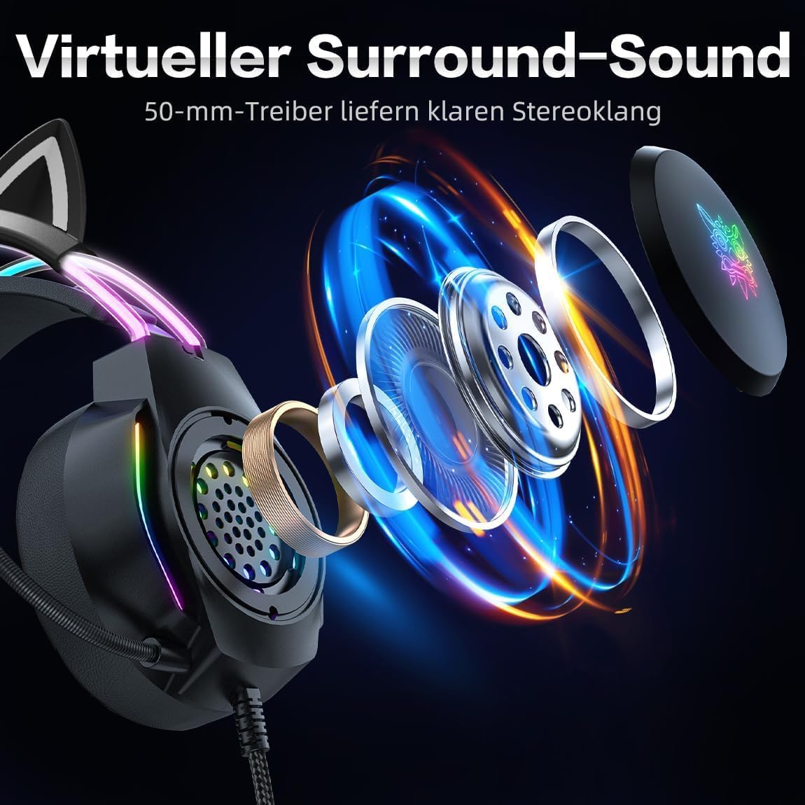 Thumbnail 1 de ONITOON Gaming-Headset mit Katzenohren & Mikrofon – RGB-Regenbogen, 7.1 Virtual Surround und 3,5-mm-Kabel