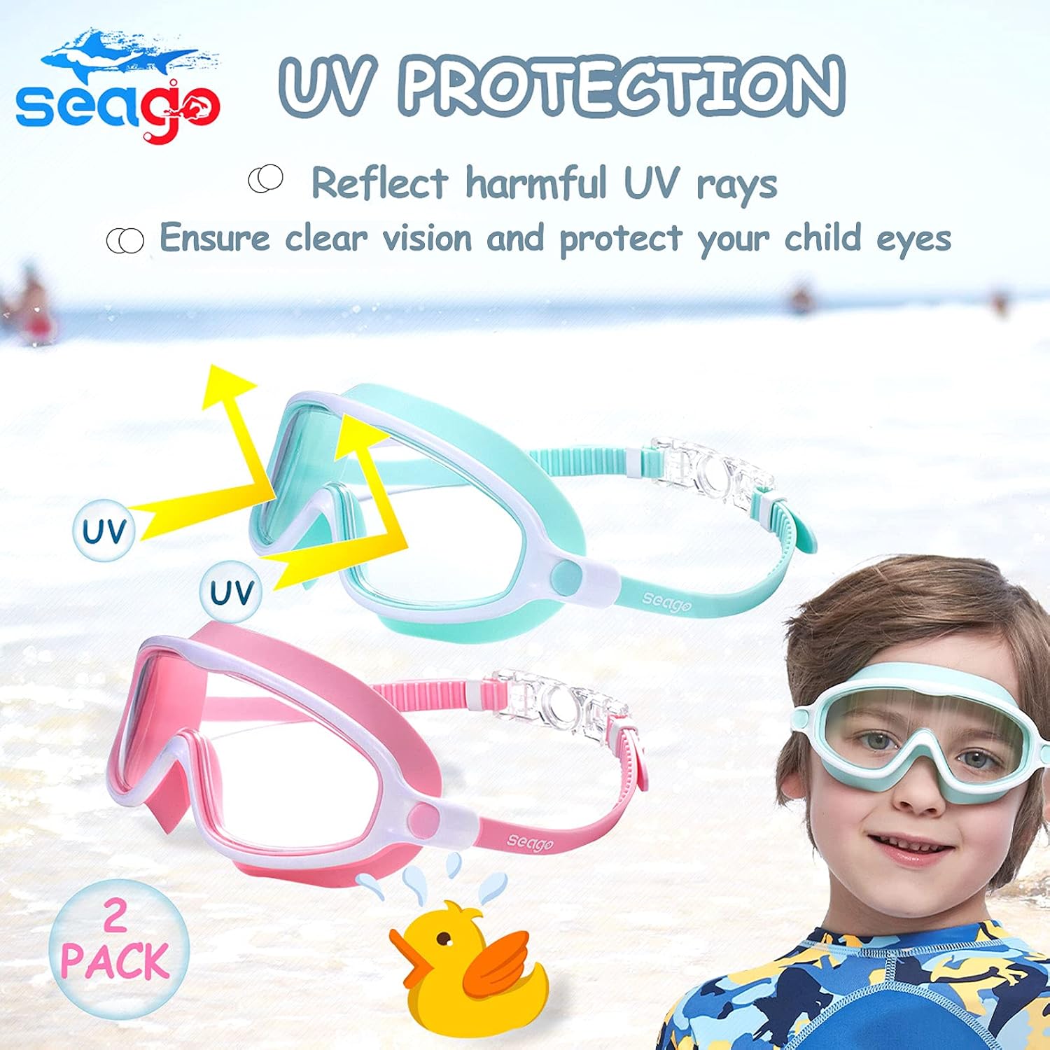 Detalle de Seago Kids' Swim Goggles, Ages 3–14, Anti-Fog, UV Protection, Wide View