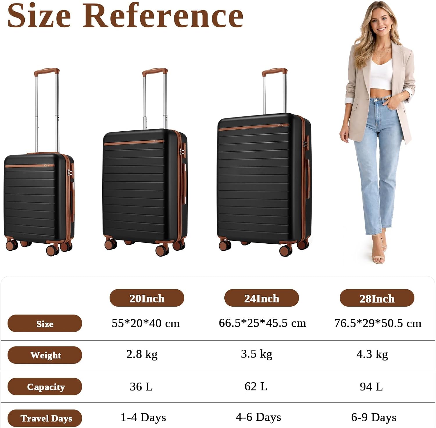 Thumbnail 6 de Kono Cabin Suitcase 55x40x20: Lightweight ABS+PC, 36L, 4‑Wheel Spinner