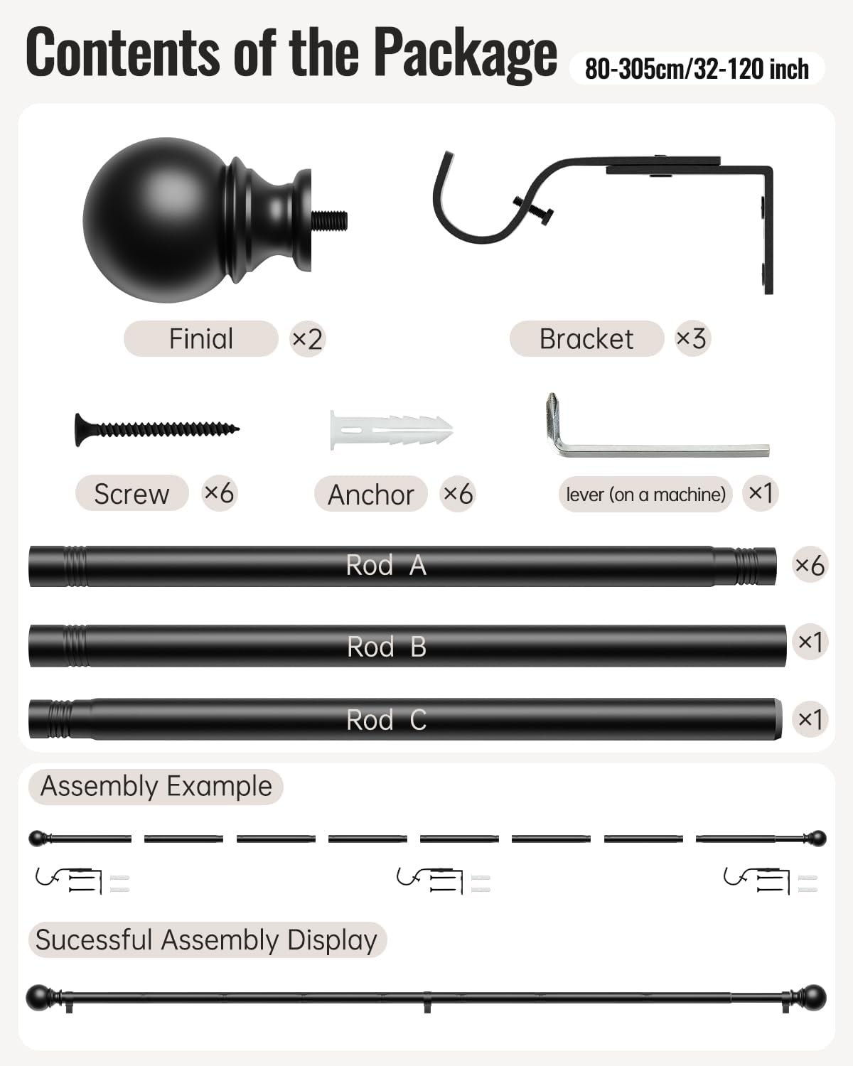 Thumbnail 5 de DEFYNEE Curtain Poles 80–305 cm Matt Black