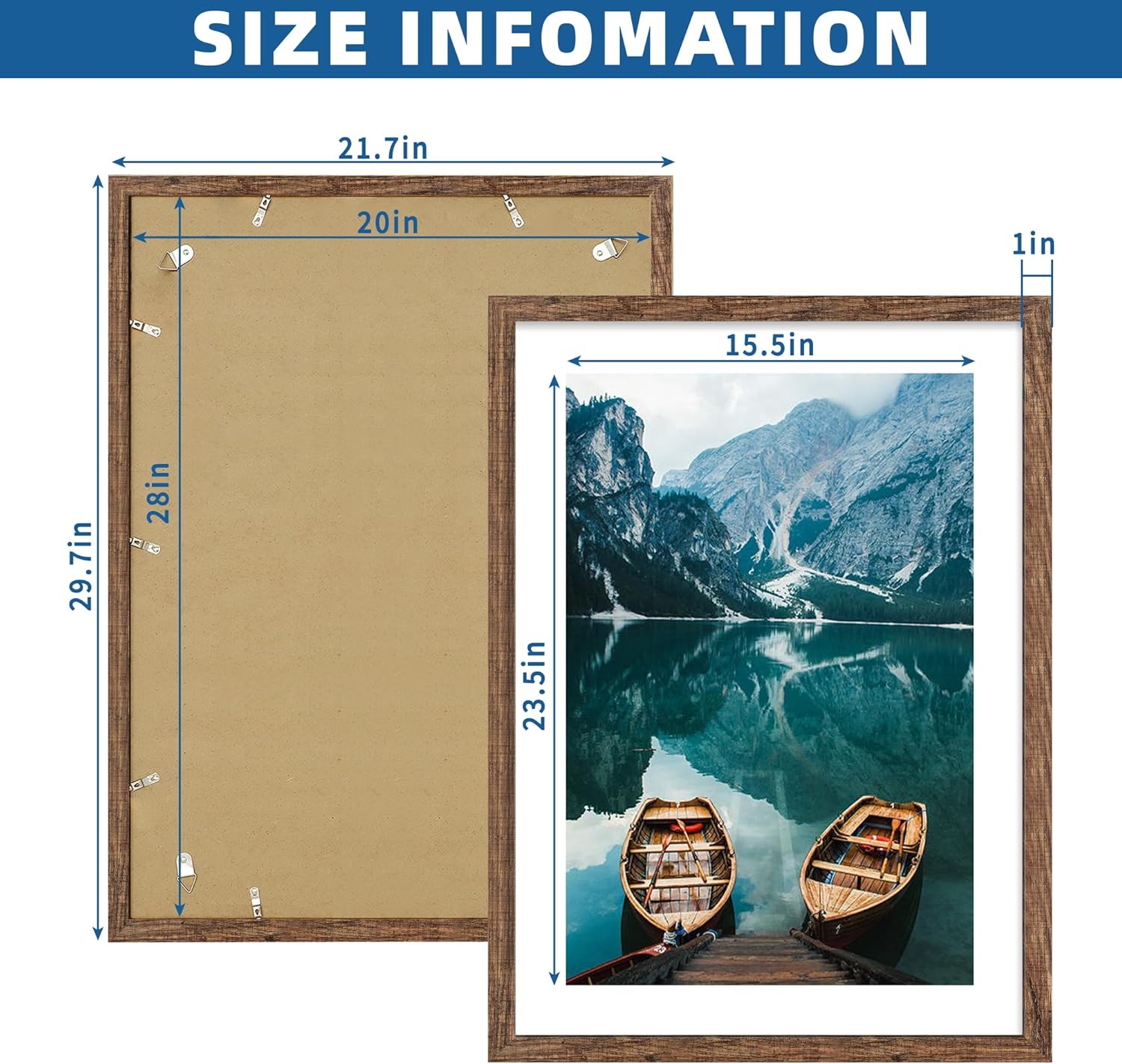 Detalle de Hongkee 20x28 Picture Frame Set of 2 (Rustic Black Wood Style) for 16x24 Photos With Mat or 20x28 Posters