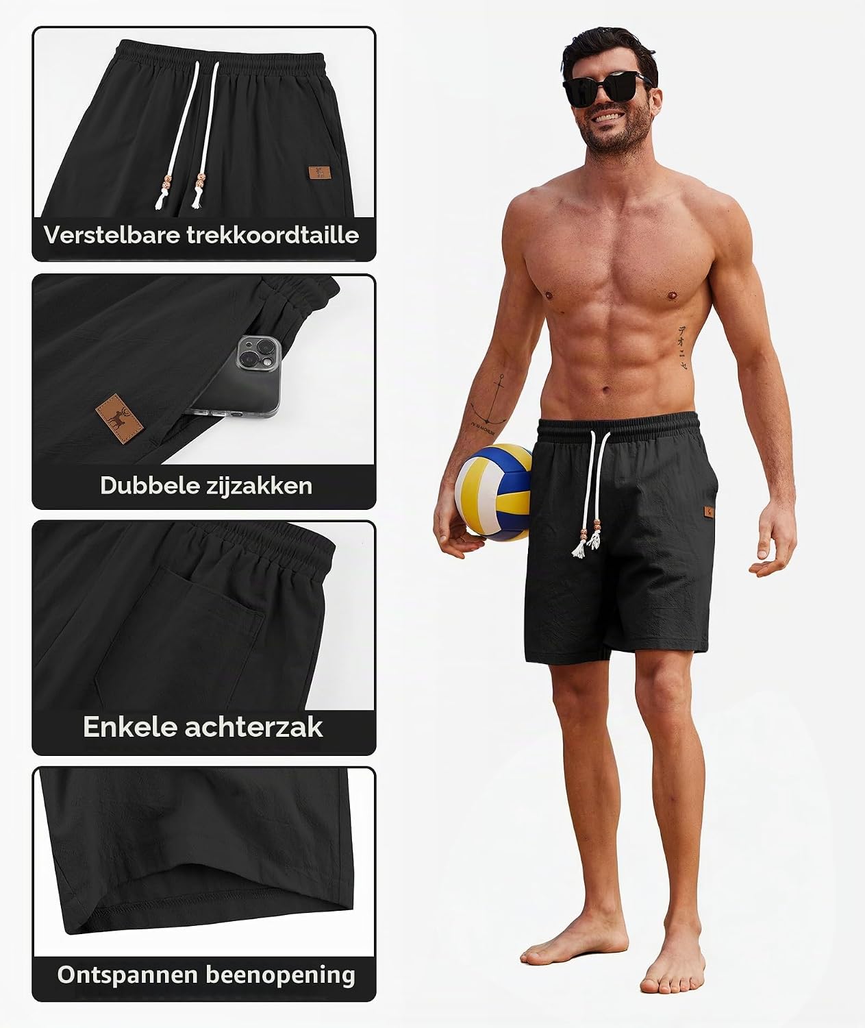 Detalle de SwissWell heren korte broek van katoen met elastische taille en zakken