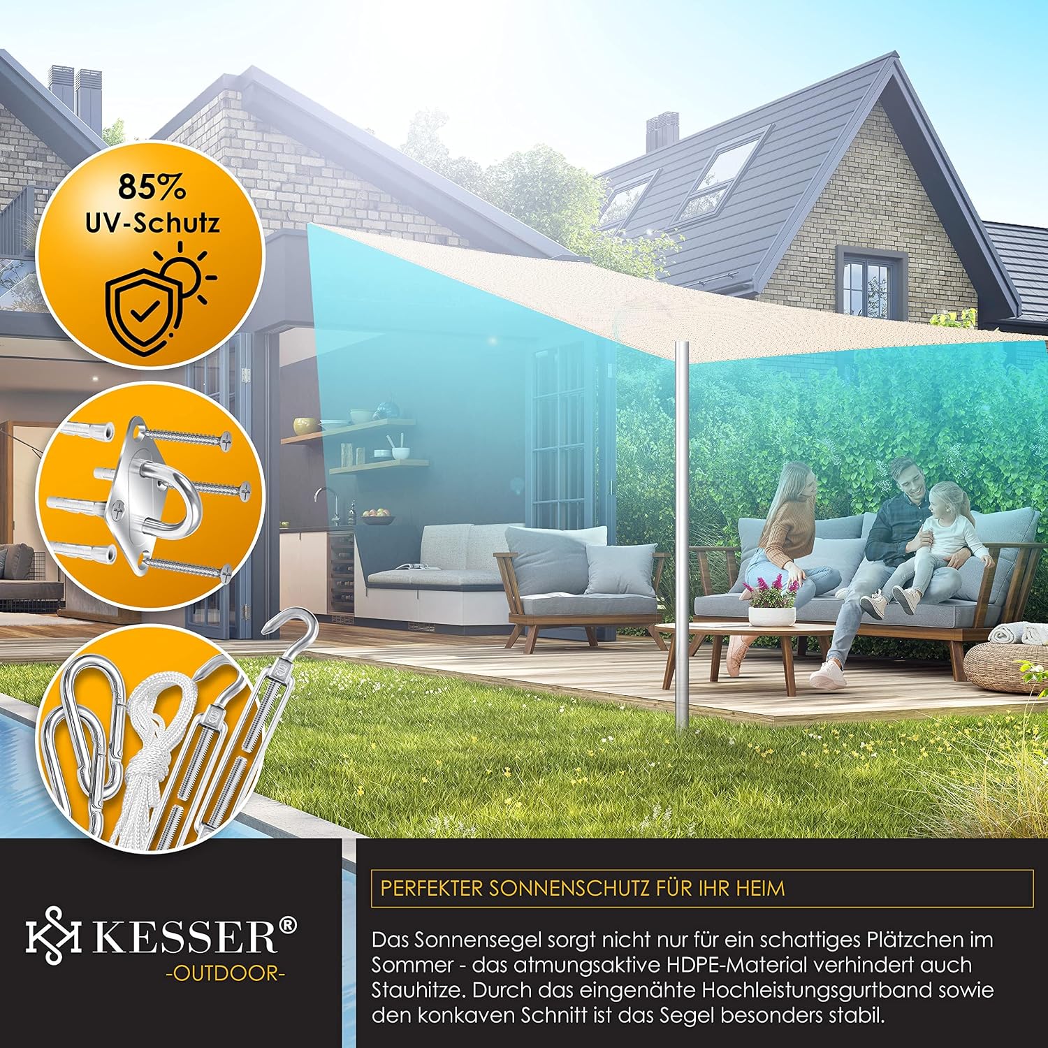 Detalle de KESSER Sonnensegel 2x4 m: HDPE-Gewebe, wasserabweisend & windabweisend, Rechteck – Creme
