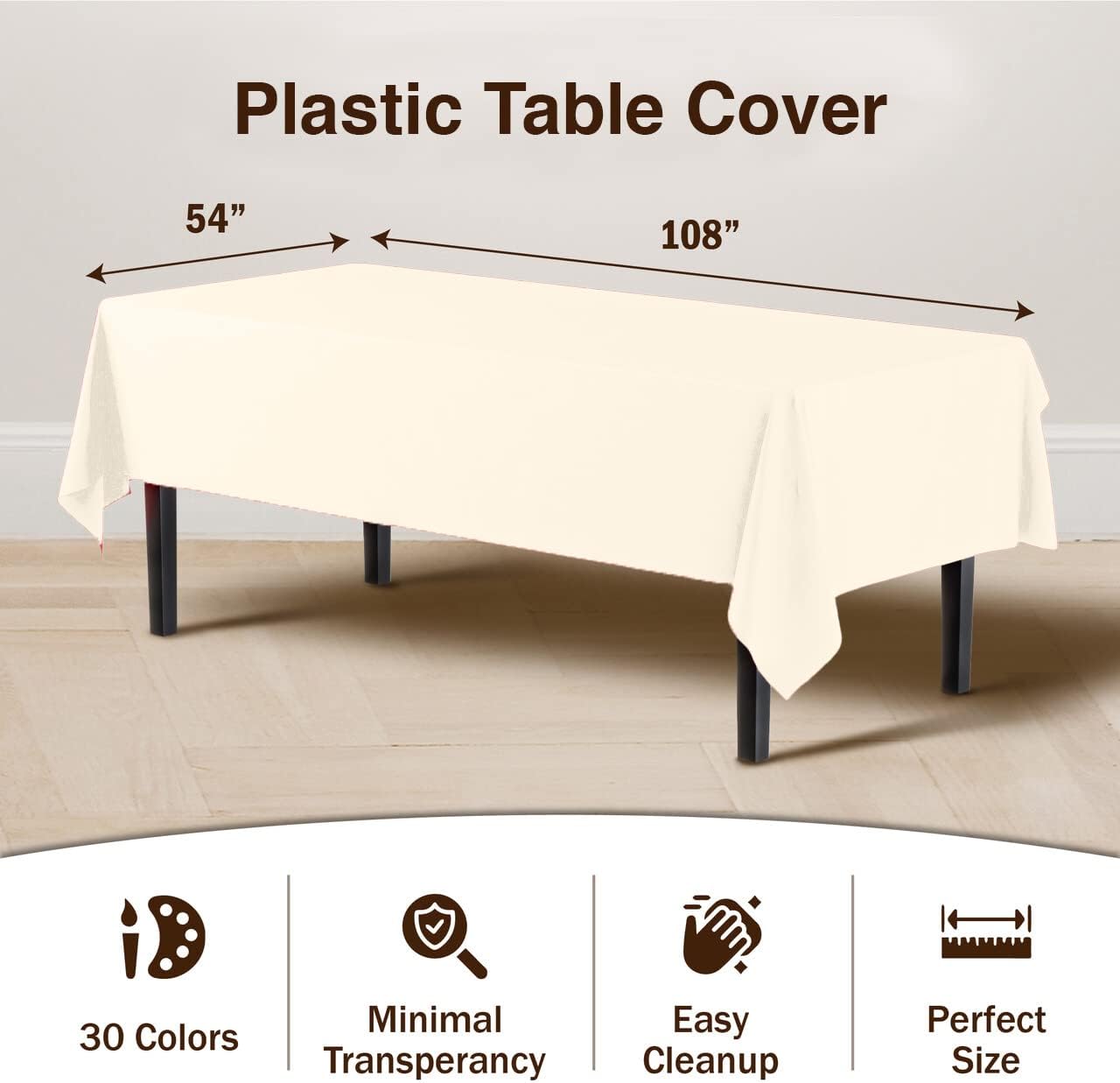 Thumbnail 2 de Exquisite Party Solids 6-Pack Premium Plastic Tablecloth, 54in x 108in Rectangular Table Cover (Ivory)