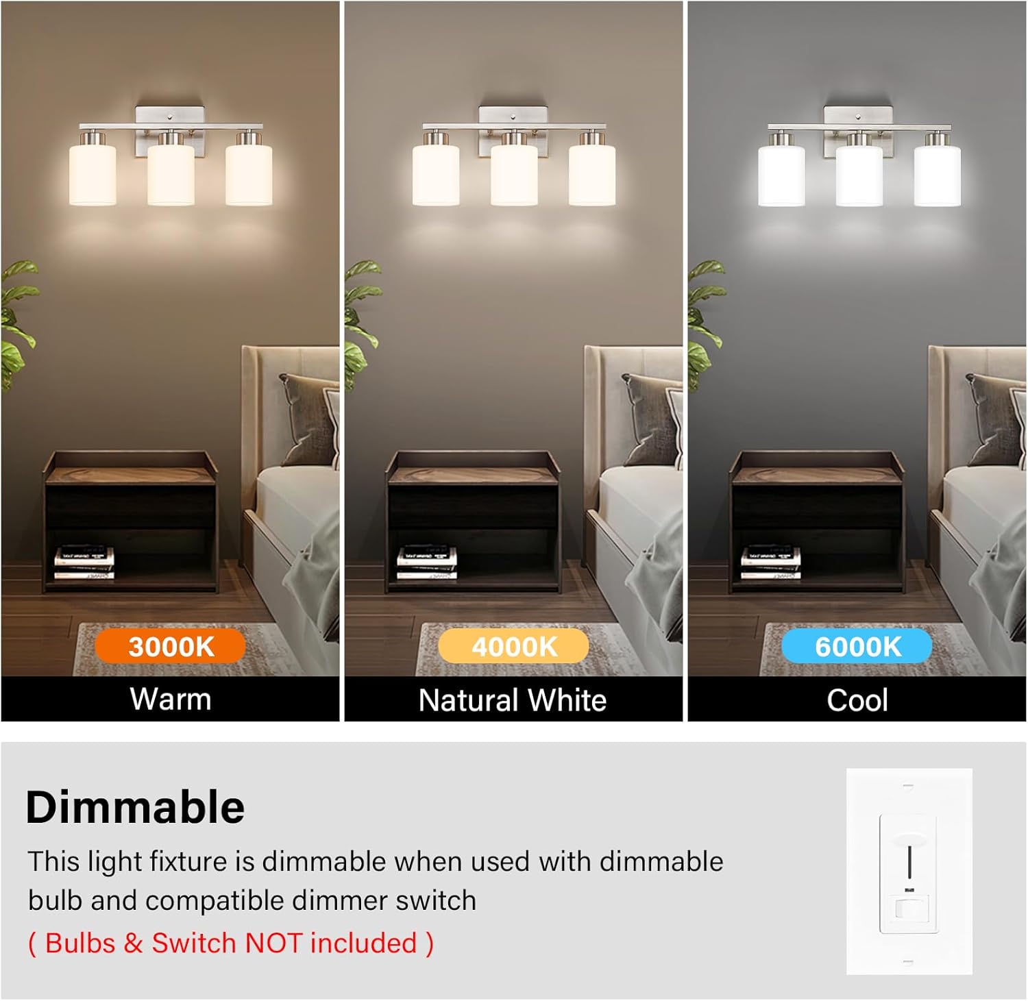 Detalle de FonmYim Brushed Nickel 3-Light Vanity Fixture with Milky Glass Shades