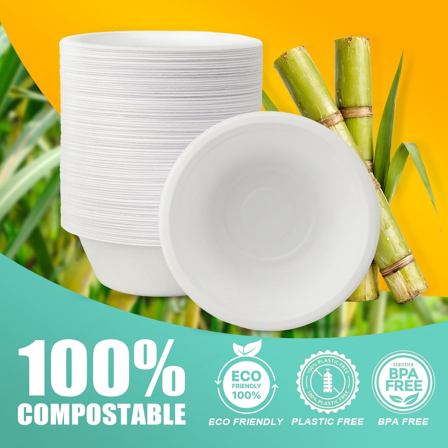 Thumbnail 6 de JINVOGREEN 12 oz Bagasse Paper Bowls (500 Count) — Disposable Compostable Heavy-Duty Bowls for Snacks, Soup & Salads